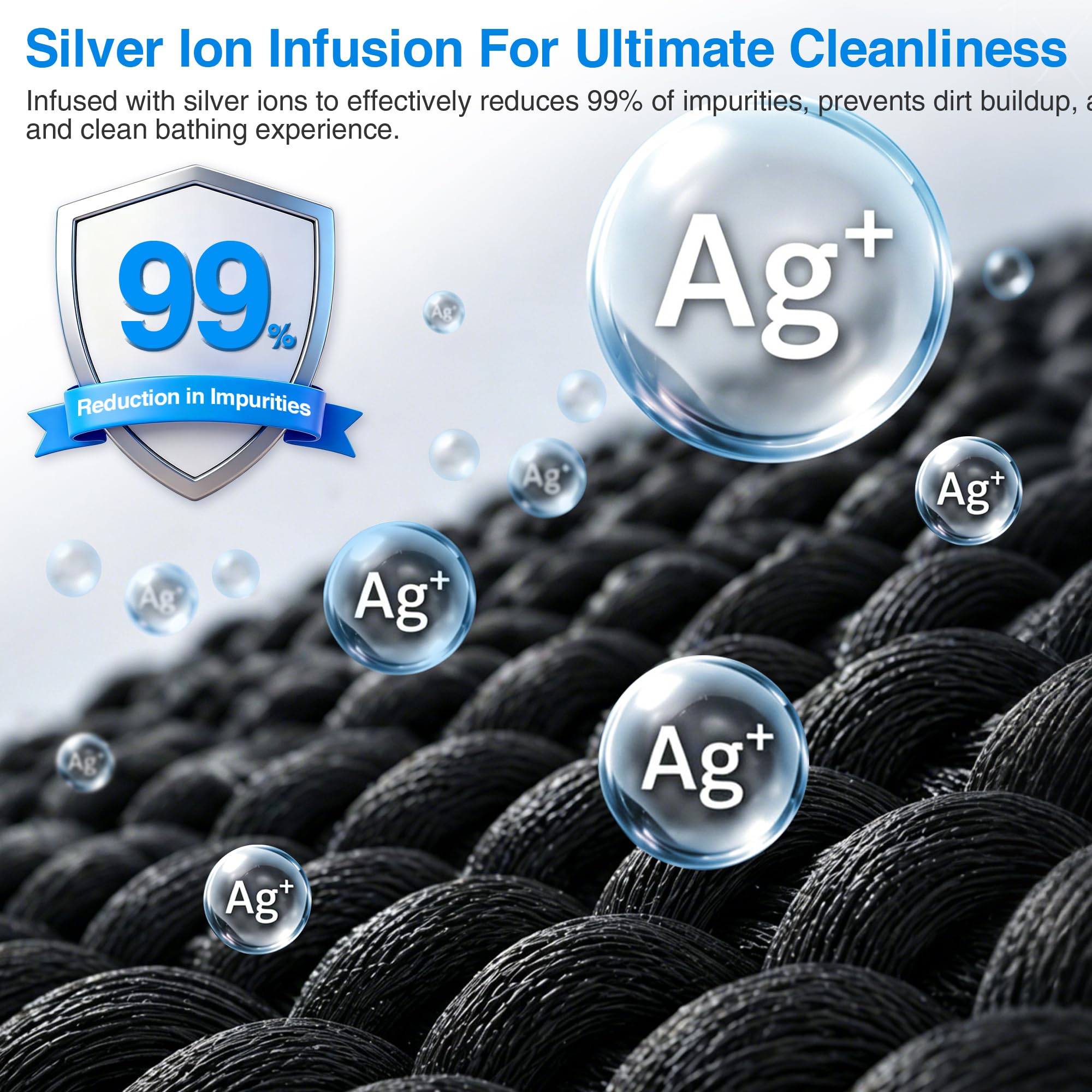 Blissal Exfoliating Bath Towel, Silver Ion Body & Back Scrubber, Black