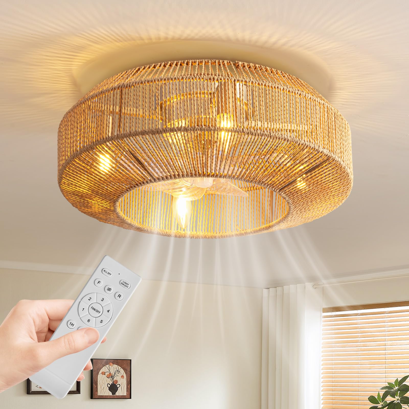 20" boho caged ceiling fan with light flush mount boho caged ceiling fan fandelier with remote control 6 speeds fandelier for bedroom, living room, kitchen