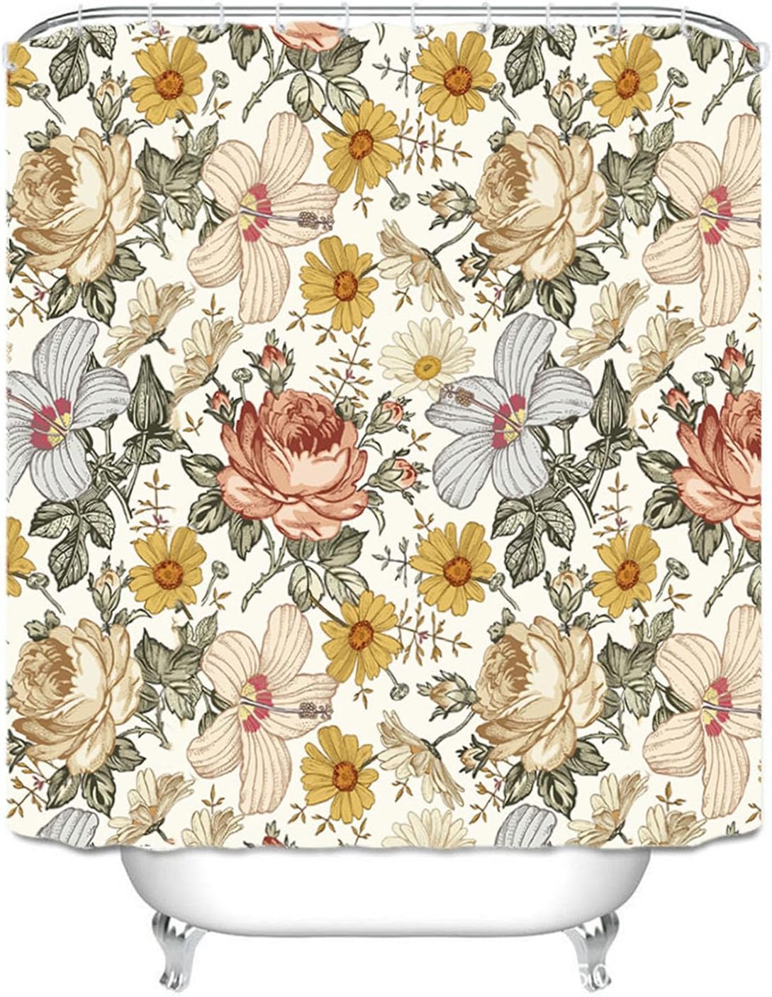Floral Shower Curtain for Bathroom Vintage Yellow Flower 150GSM Shower Curtains Country Bright Waterproof Fabric Bathroom Curtain with Hooks Modern Aesthetic, 72"×72"