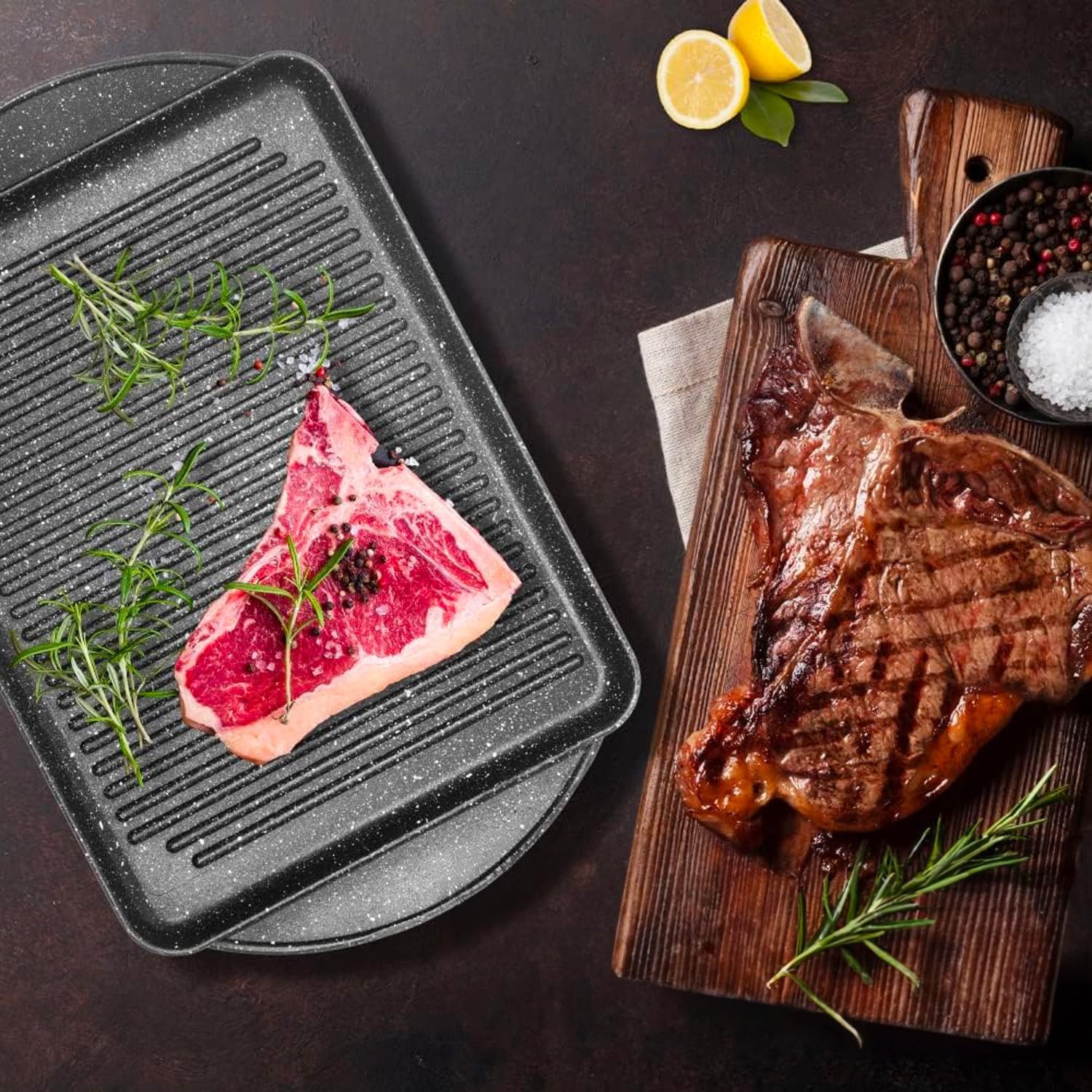 Avilia Bistecchiera Antiaderente per Induzione in Alluminio - Plancia Grill Rettangolare 37x28cm per Verdure, Bistecche e Pesce, Cottura Salutare e Uniforme