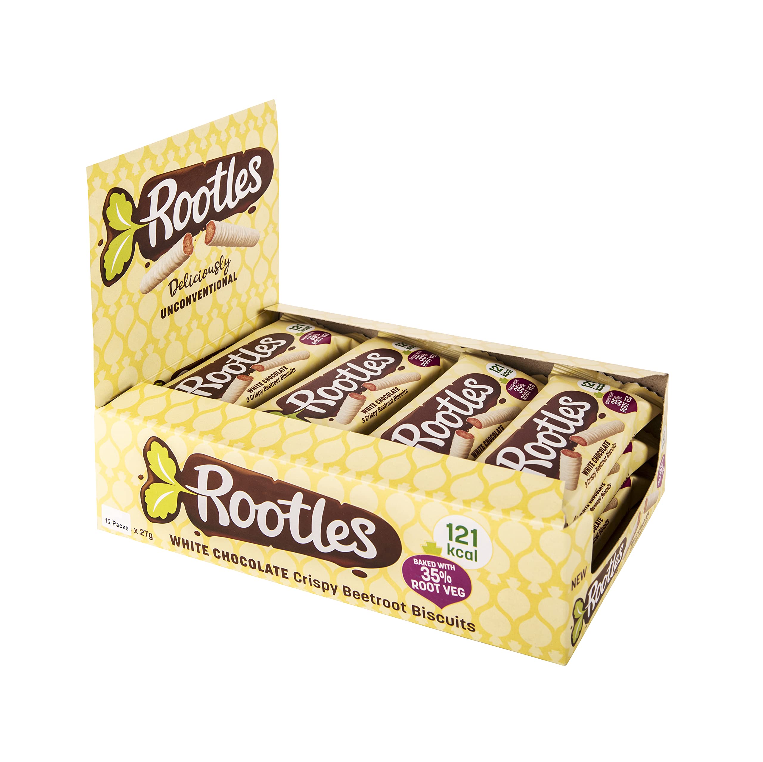 Rootles Snacks - Healthy White Chocolate Veggie Biscuit. 121 Calories per Pack. High Fibre. Lower Sugar. No Palm Oil. Crunchy Chocolate Biscuits Made With 35% Vegetables. Box of 12 Packs