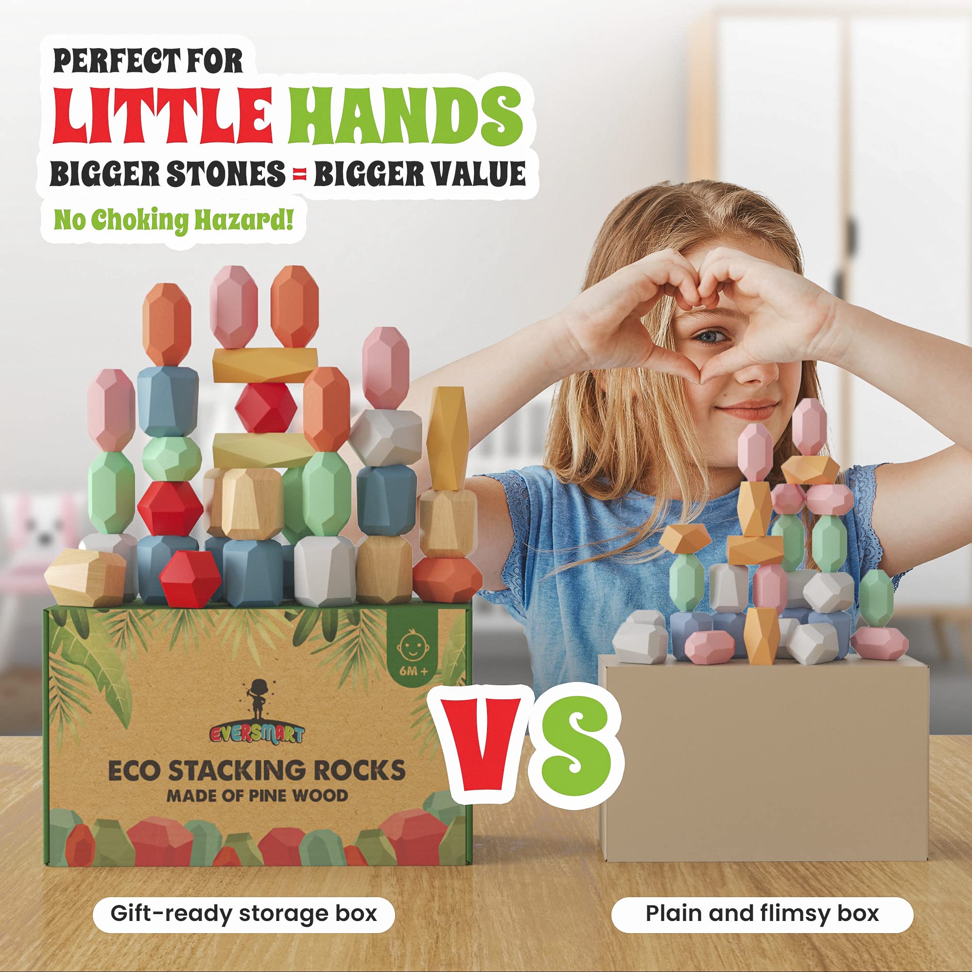 36 bloques apilables de madera – Juguetes Montessori para niños y niños de 1, 2, 3, 4, 5, 6 años, rocas XL, sin peligro de asfixia, piedras de construcción STEM sensoriales, para niñas y 5