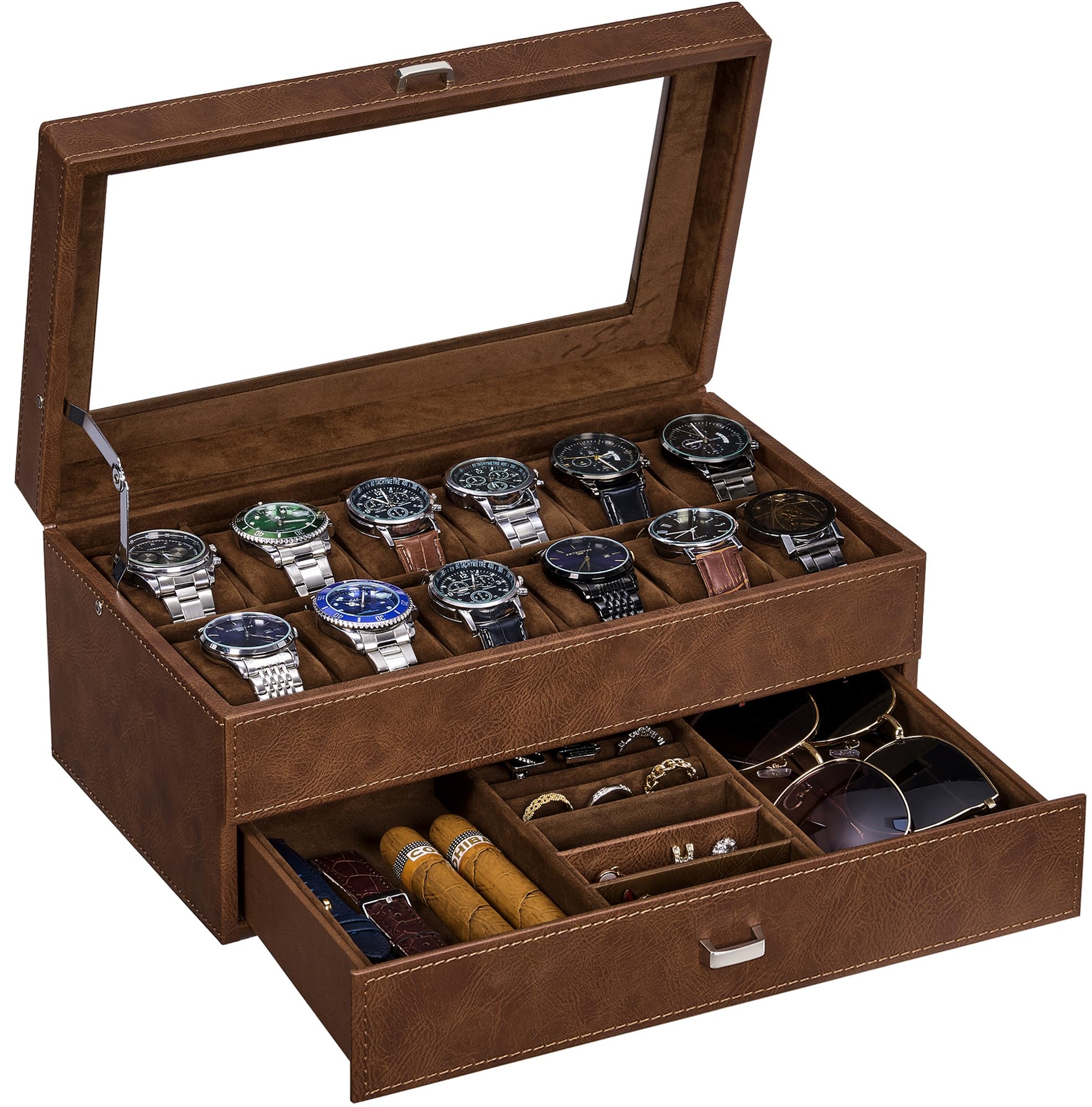 BEWISHOME Watch Box for Men Luxury Watch Organizer Faux Leather Watch Case with Jewelry Drawer, Real Glass Top, Metal Hinge, Brown SSH12Z