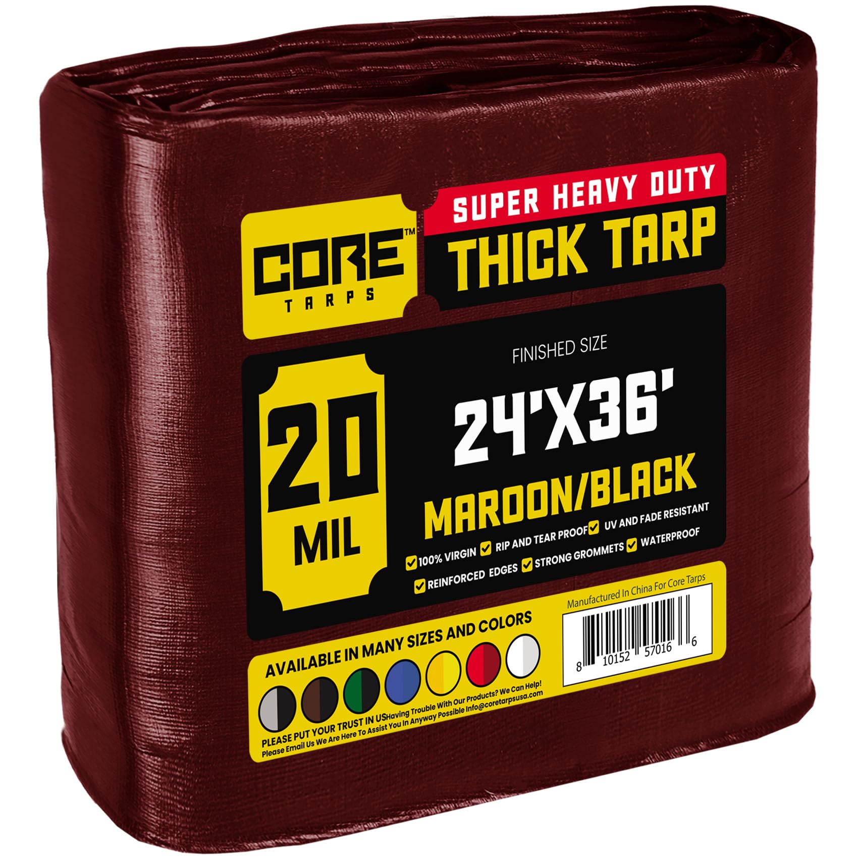 Core Tarps Extreme Heavy Duty 20 Mil Tarp Cover, Waterproof, UV Resistant, Rip and Tear Proof, Poly Tarpaulin with Reinforced Edges for Roof, Patio, Pool, Boat (Maroon/Black 24′ X 36′)