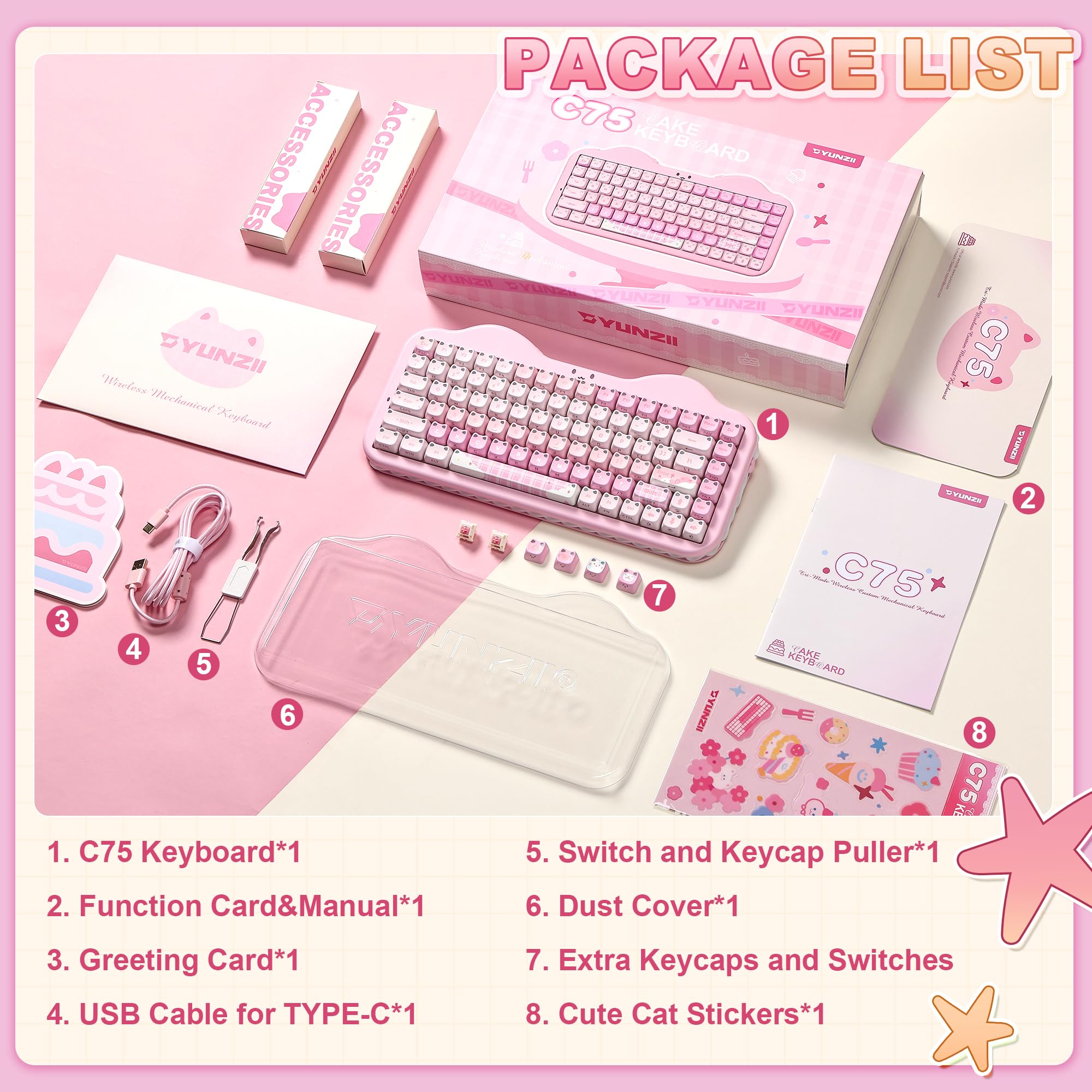 YUNZII C75 Teclado Mecánico Inalámbrico Diseño Pastel (Pink, Candy)