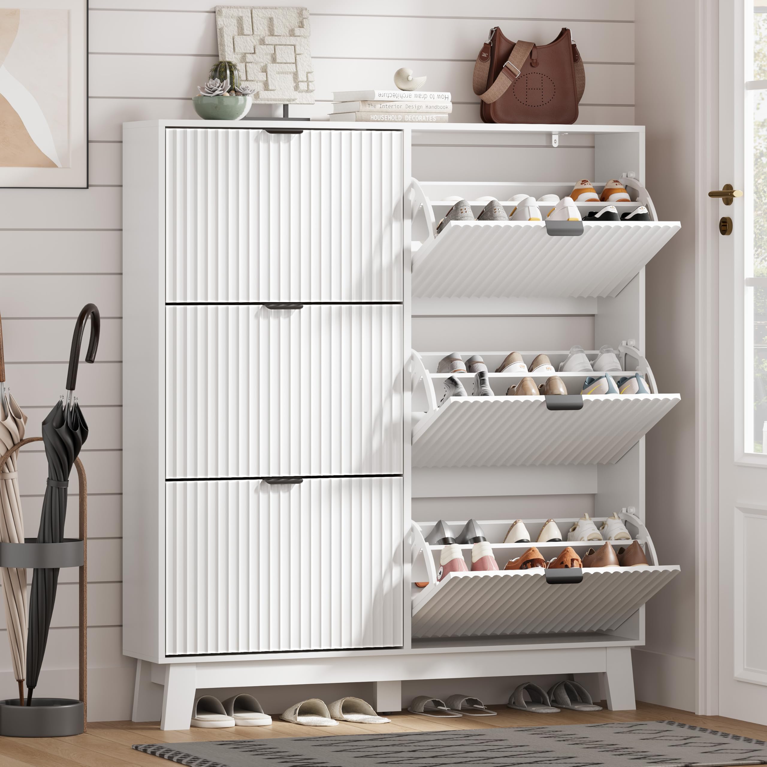HUANLEGO Shoe Cabinet Storage for Entryway with 6 Flip Drawers, White