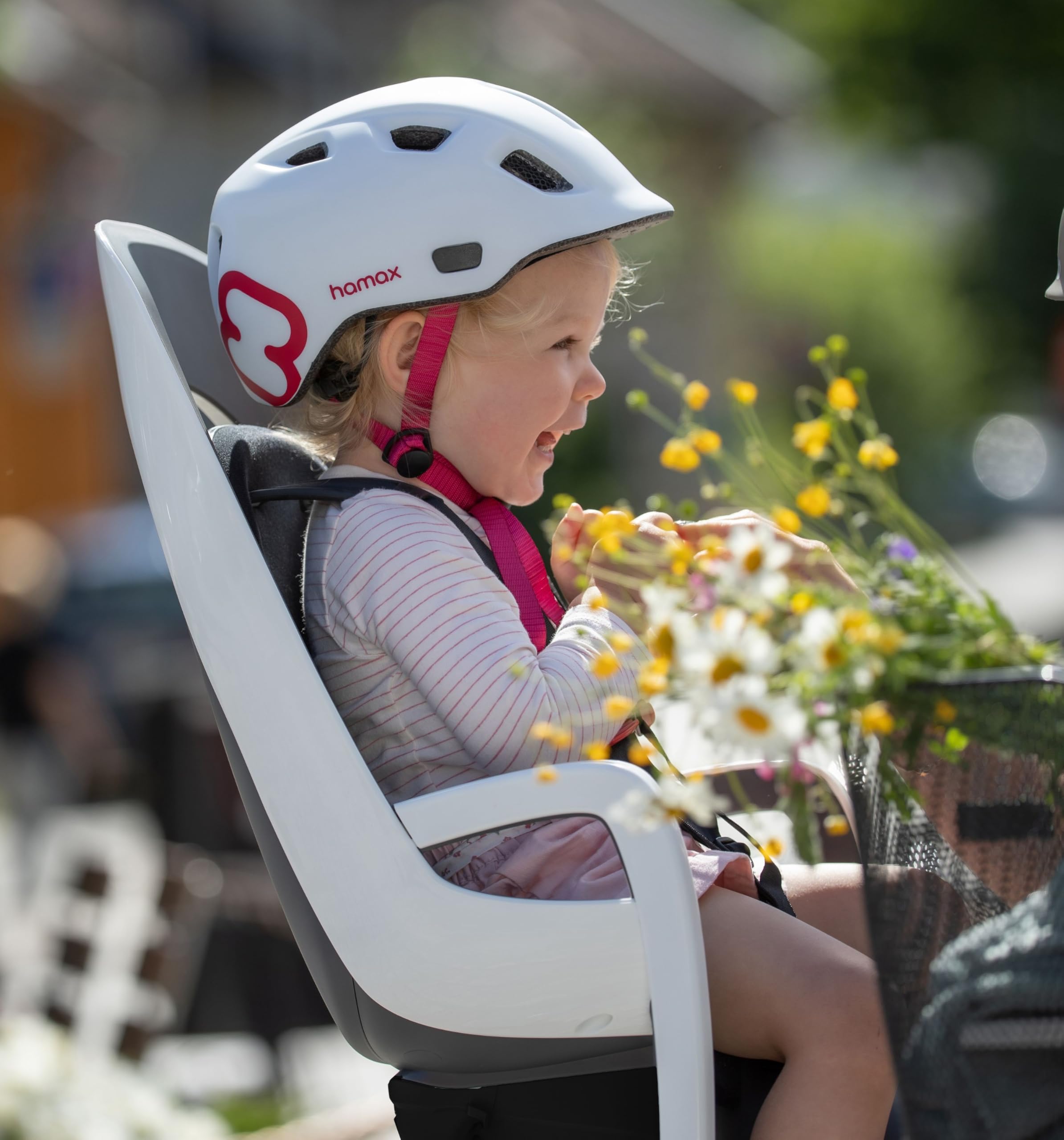 HAMAX Caress Siège enfant de vélo avec support de porte-bagages, blanc/gris, installation facile, sûr et confortable, adaptateur de porte-bagages Caress pour siège de vélo enfant Caress