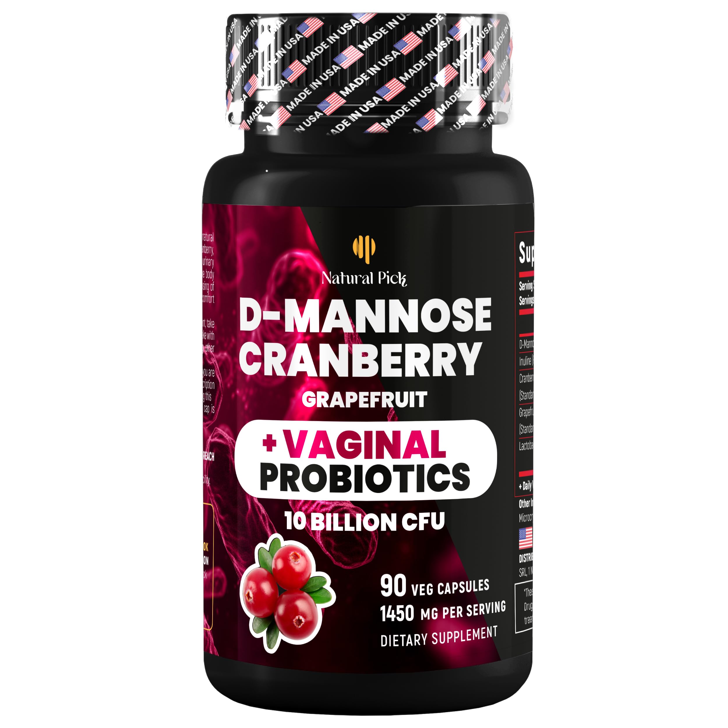 Vaginal Probiotics for Women with D-Mannose, Cranberry. 10 Billion CFU, Womens Probiotic for Vaginal Health, pH Balance pills, Vaginal Care & Urinary Tract Wellness, 90 Veg Capsules. Women Health
