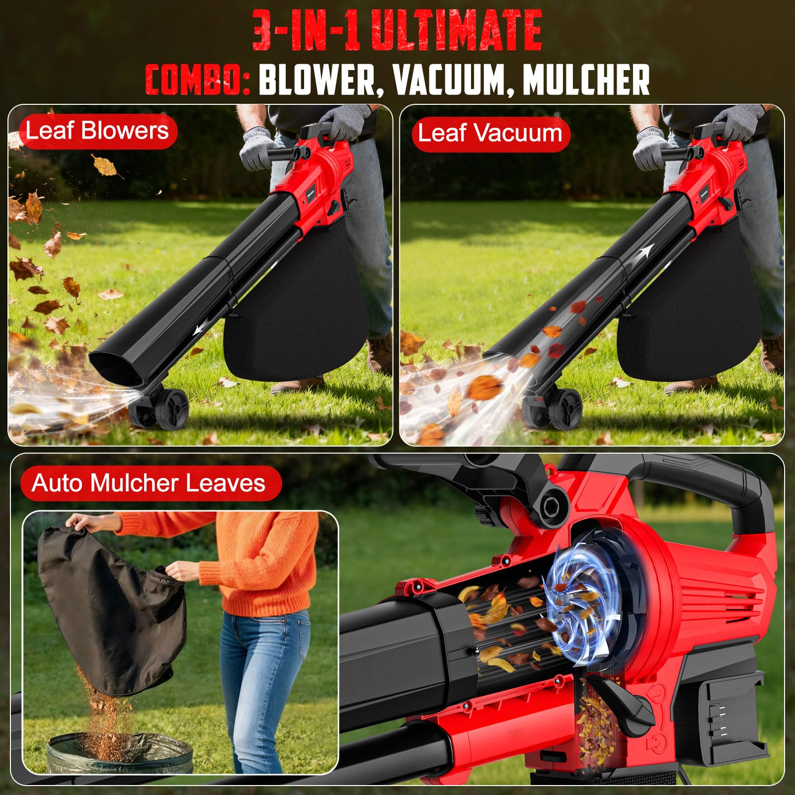 Aspirateur à feuilles 3 en 1 sans fil avec sac compatible avec batterie Milwaukee 18 V, broyeur de feuilles électrique et aspirateur à feuilles avec sac de 40 L, souffleur à feuilles portatif pour
