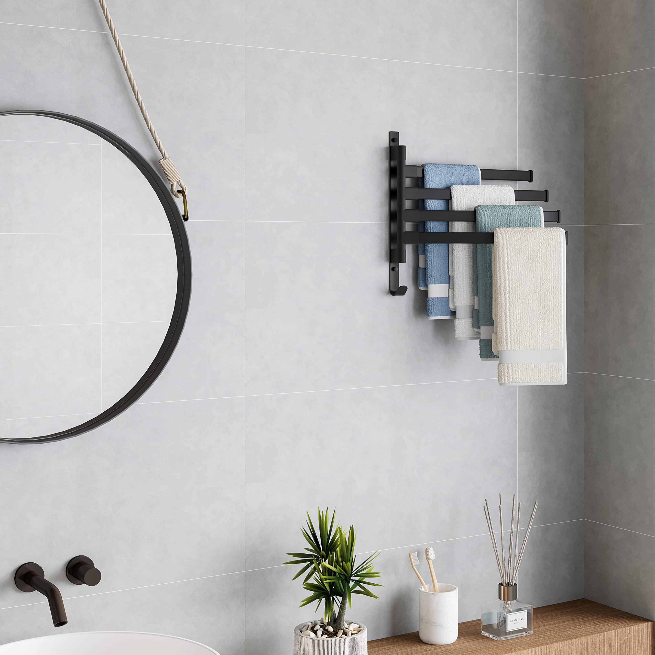 Toallero giratorio, toallero montado en la pared para baño, toallero de 4 brazos con gancho, toallero de ahorro de espacio para baño 2
