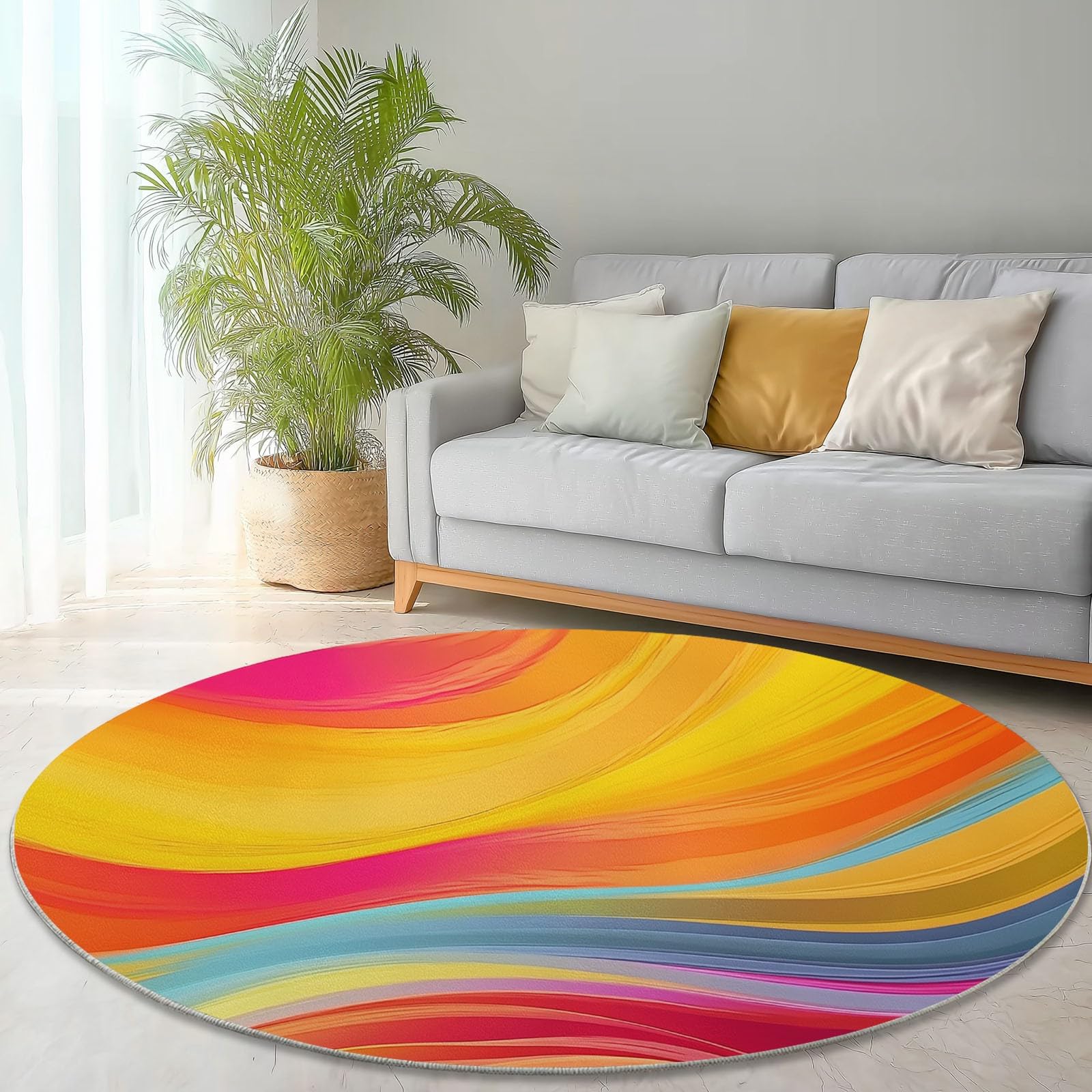 Generico Tappeto rotondo lavabile Colorato - Astratto Arcobaleno Onde Strisce Resistente interni Tappeti per Bambini Cameretta balcone sala da pranzo terrazza, 150 cm Antiscivolo Tappetino