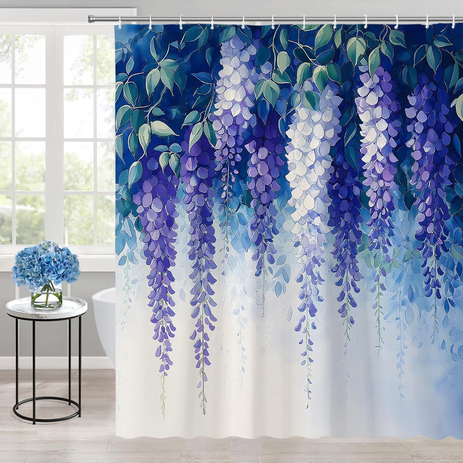 Purple Blue Floral Shower Curtain Spring Lavender Flower Weeping Wisteria Blossom Vine Leaves Watercolor Botanical Bathroom Polyester Curtains Set with Hooks 75x70 Inch