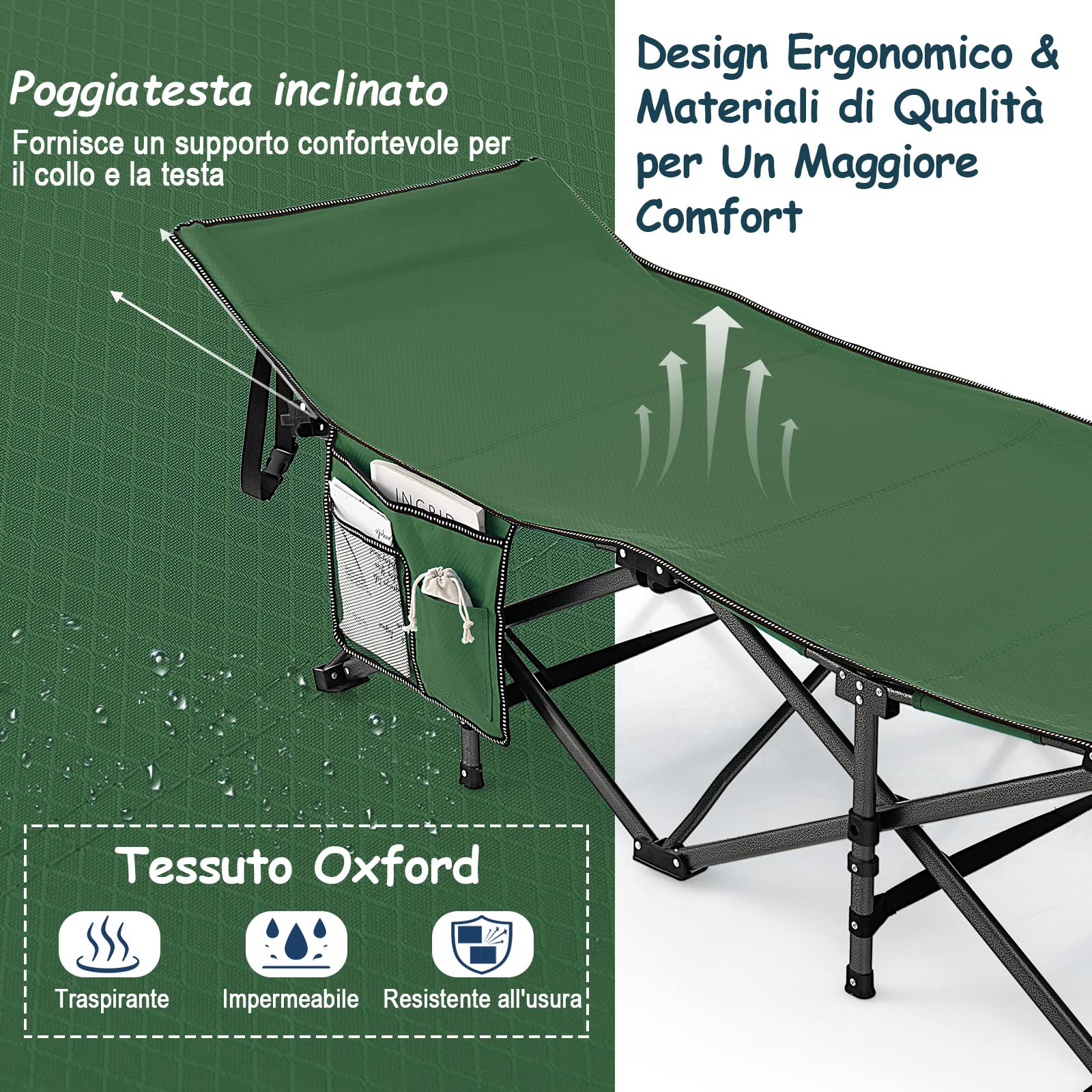 COSTWAY Brandina da Campeggio Pieghevole, Letto Portatile con Poggiatesta Inclinato, Tasca Laterale e Borsa di Trasporto, Branda Campeggio per Backpacking, Ospiti e Pesca, Portata 272 kg