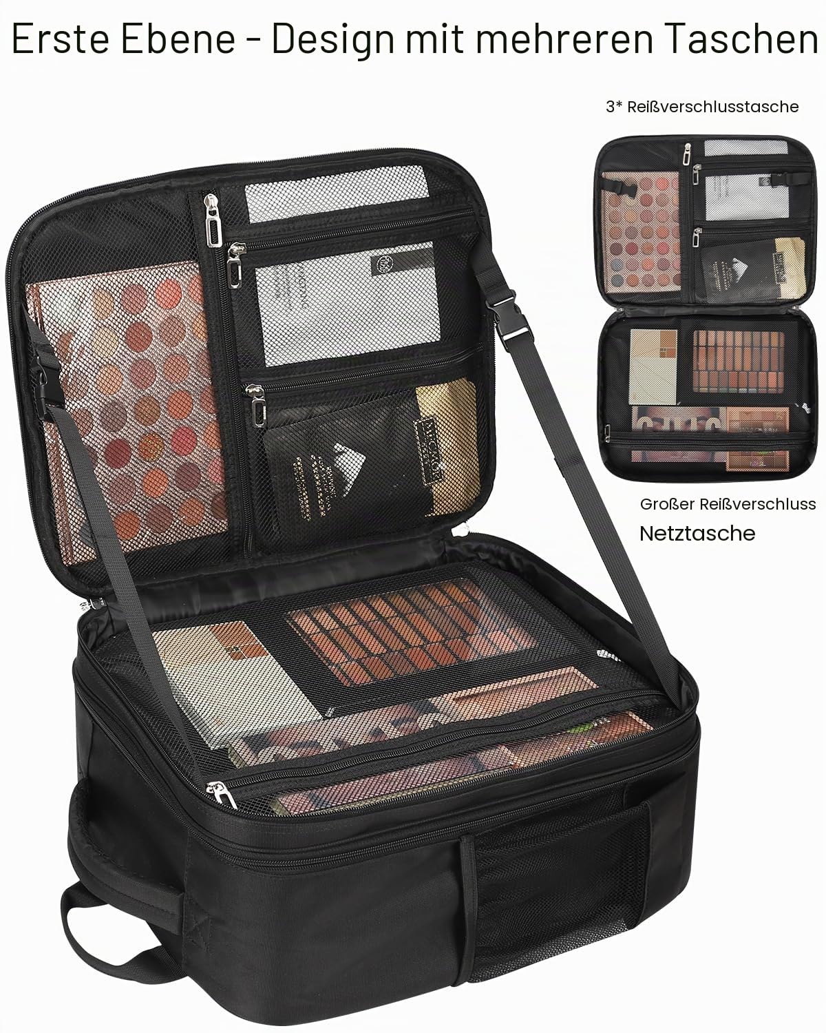 Kosmetikkoffer Rucksack Extra Großer Beautycase Professionelle Reise Make-up Tasche für Frauen Schminkkoffer Speicher Organizer für Make-up Künstler 3-Schicht, mit 4 Kleine Kosmetische Schminktasche