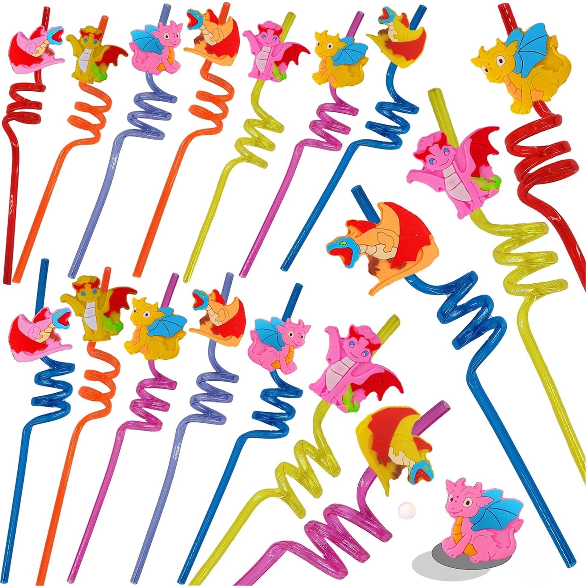 24 Packs Dragon Bulk Reusable Plastic Straws Birthday Party Favors, Theme Curly Drinking Straws Party Supplies