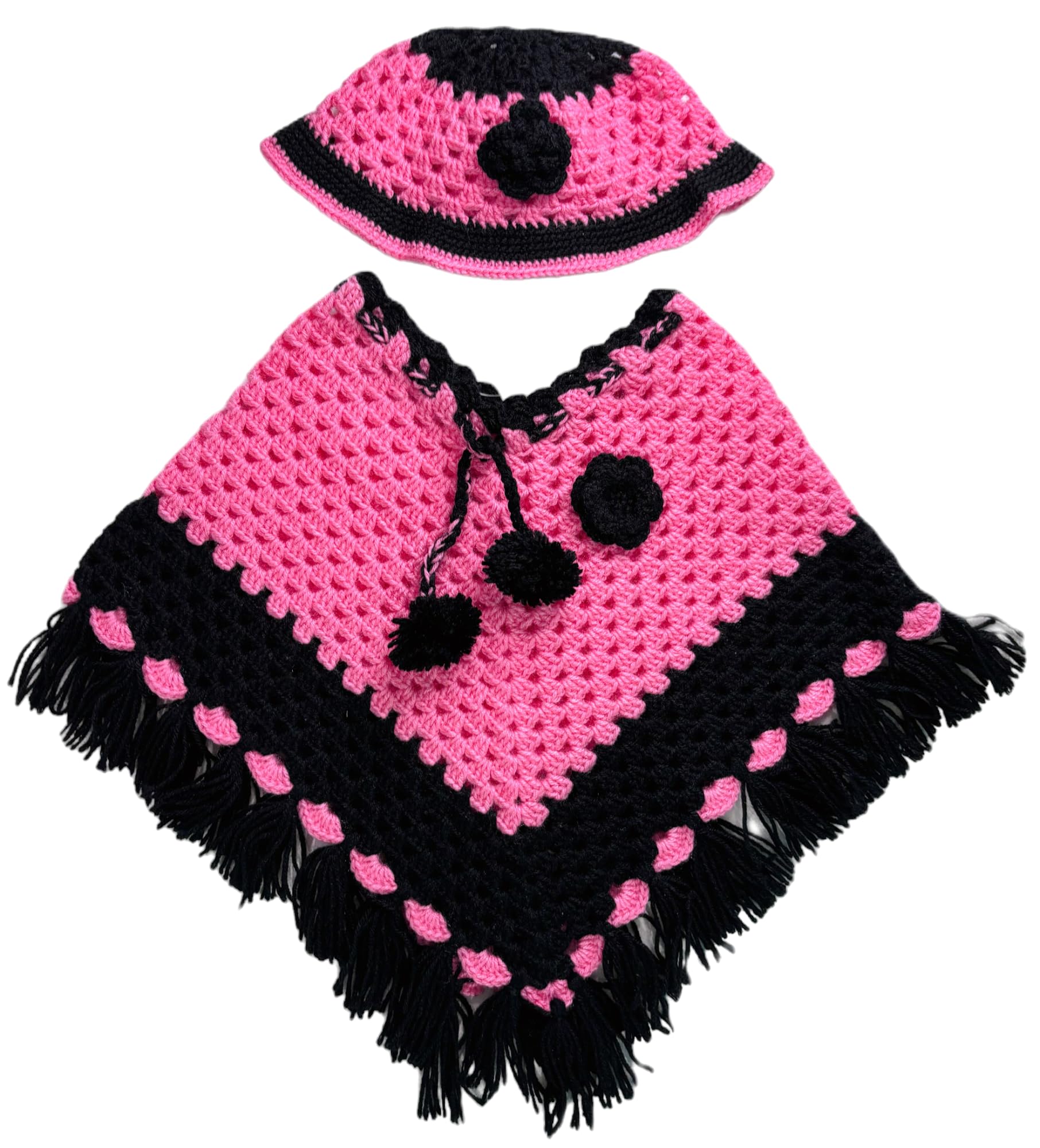 Handknitted Pink and Black Woolen Poncho with Cap for Kids Between 3 Months and 6 Months || winterwear || Beautiful Design and Excellent Finish and Amazing Crotchet Work-image-0