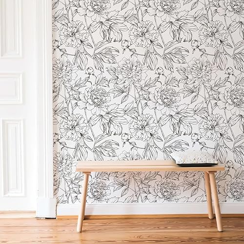 Miniatura 8 de Simon&Siff Papel tapiz lineal con diseño floral, color blanco y negro, para despegar y pegar, 17.3 x 118 pulgadas, papel de pared floral extraíble,