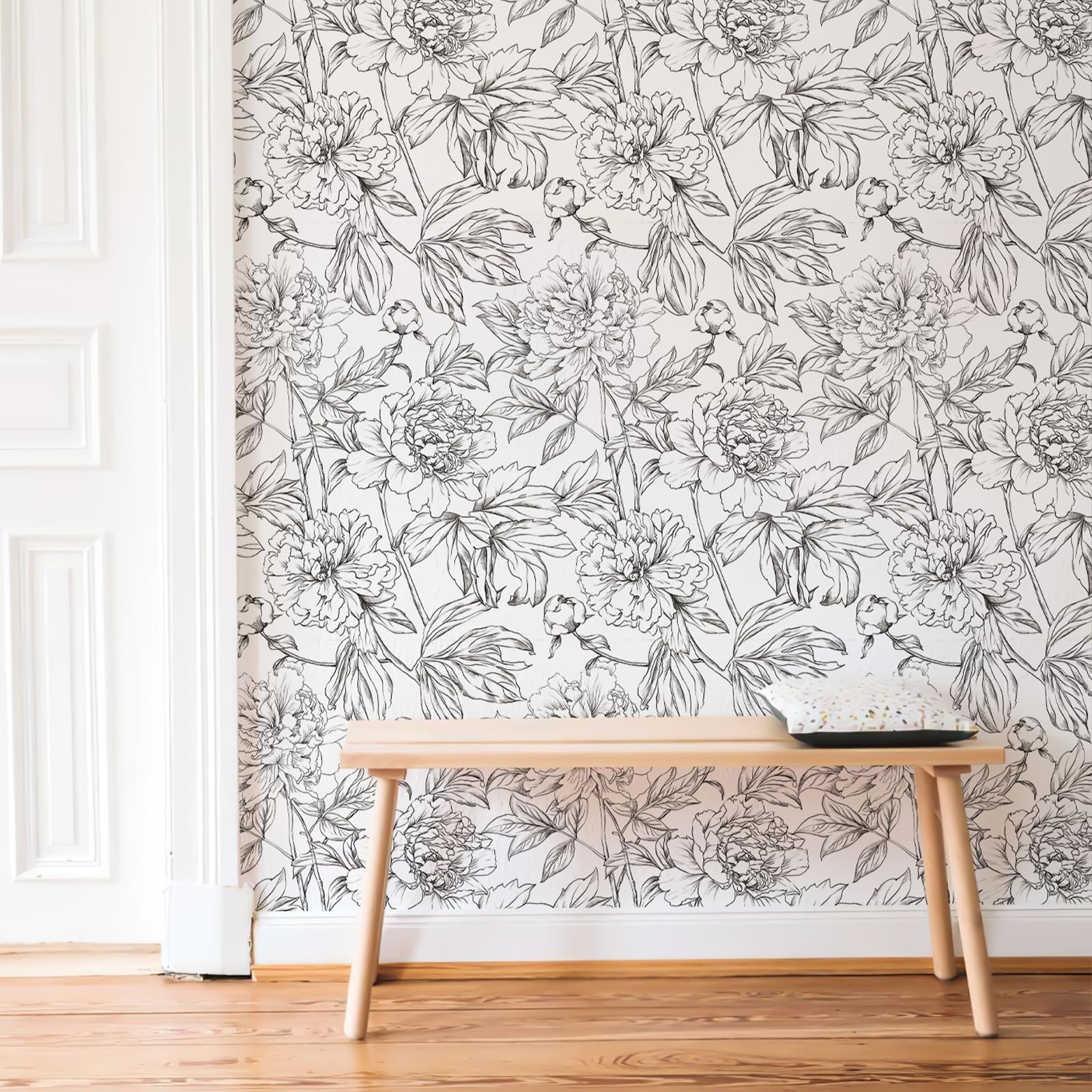 Simon&Siff Floral Linear Wallpaper Black White Peel and Stick Wallpaper 17.3"x240" Sketch Flowers Removable Wall Paper for Bedroom Bathroom Walls