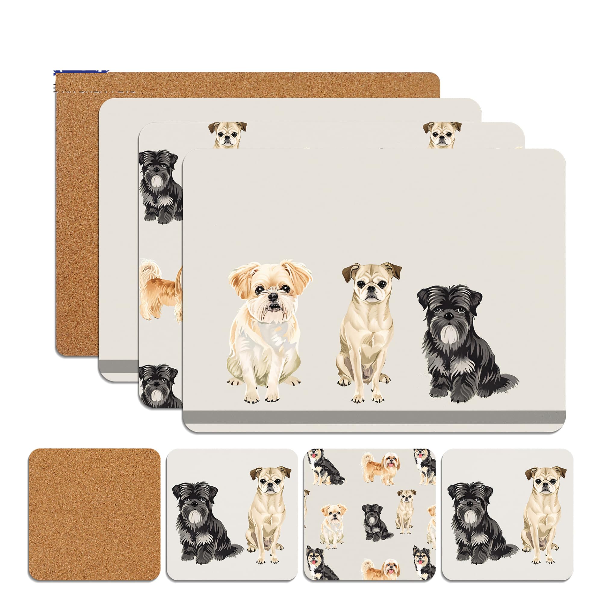 Sixsigma Sports Cute Dogs Placemats & Coasters Set Heat Resistant Cork Placemats Table Mats For Dining Kitchen Place Mats Set Of 8 - Ideal Table Christmas Decorations 21.5 X 29Cm (Cute Dogs)