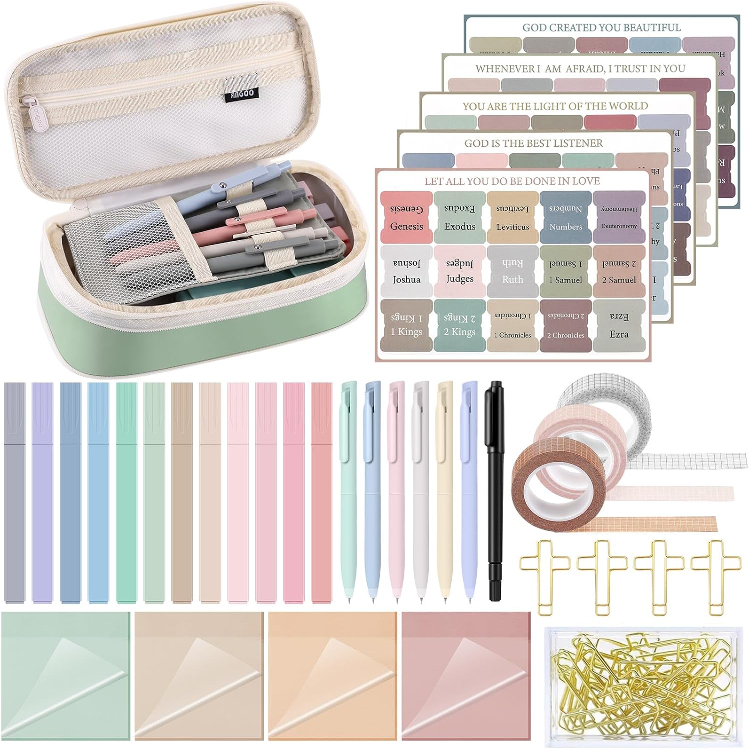 Dunzoom 137 Pcs Bible Study Supplies Journaling Kit 1 Pencil Case 12 Highlighters 4 Sticky Notes 6 Gel Pens 35 Paper Clips 3 Tapes 1 Markers 75 Tabs for Christmas Bible School Gifts(Pink Purple)