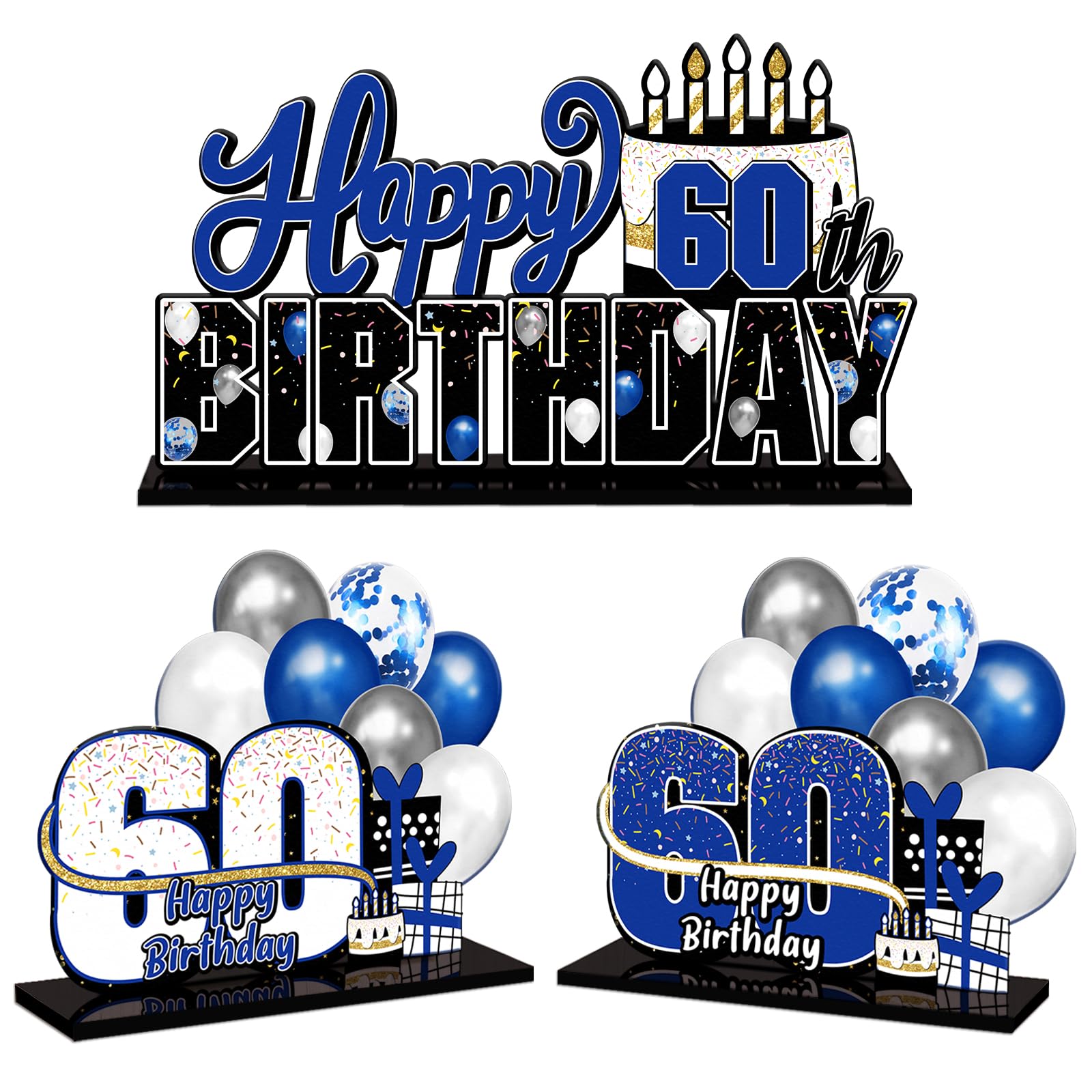 LINGTEER Happy 60th Birthday Blue Acrylic Table Topper Centerpieces Set - Cheers to Sixty Years Old Birthday 60th Bday Party Gift Decorations.