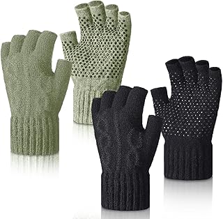Geyoga 2 Pairs Wool Fingerless Fishing Gloves for Men Women Anti-Slip with Grip Dots Warm Winter Fly Ice Fishing Gloves