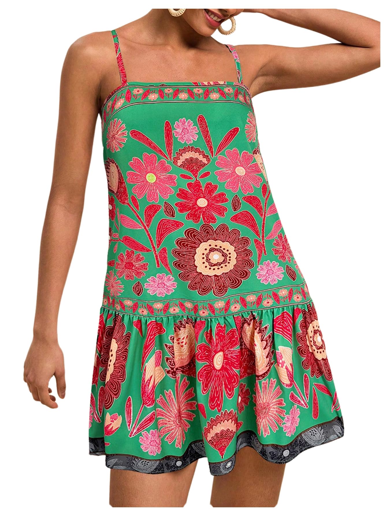 Women's Floral Boho Flowy Mini Cami Dress Ruffle Hem Tank Dresses