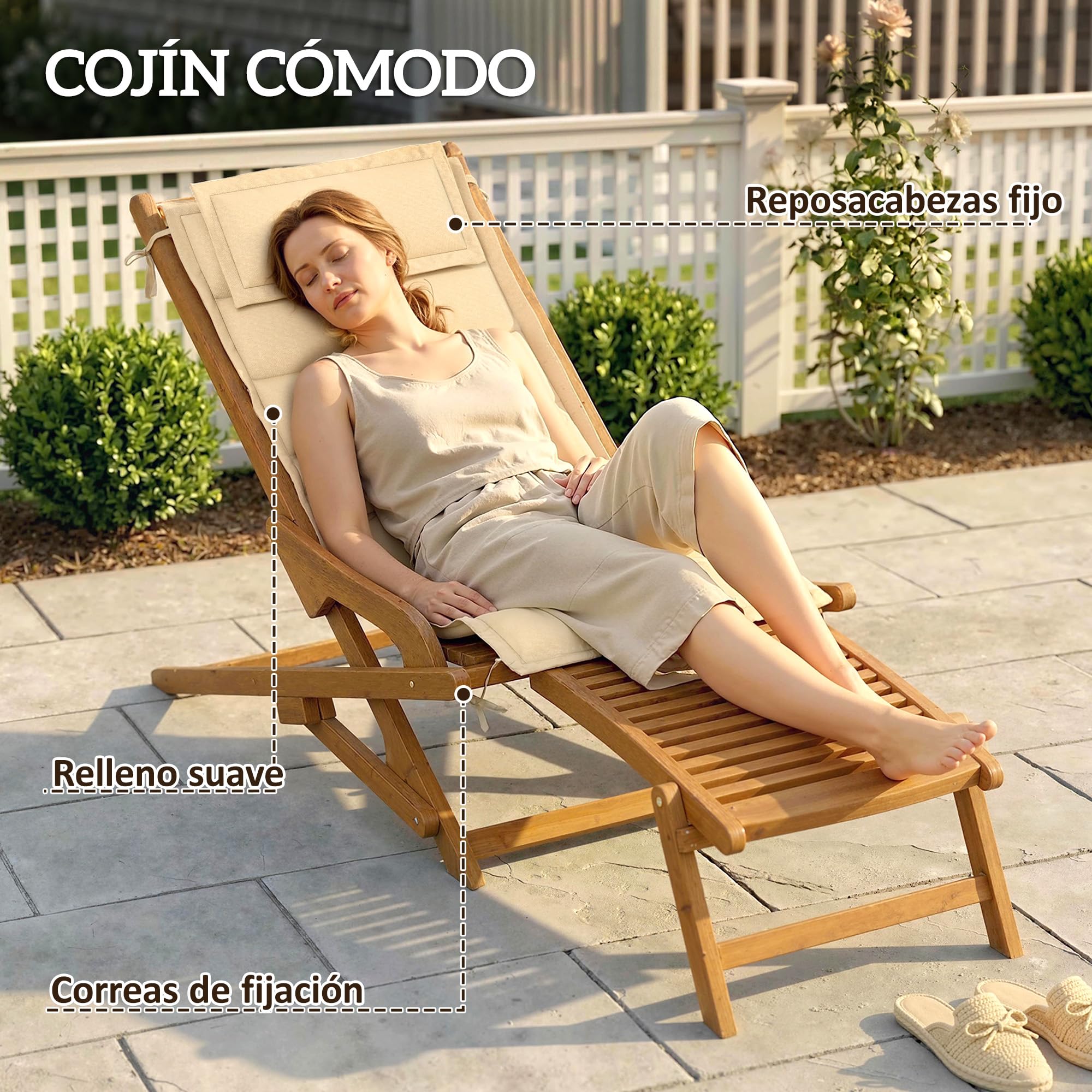 Outsunny Tumbona Silla Plegable de Madera de Acacia 158x61x70 cm Beige | Silla de Jardín Exterior, Reposapiés Desmontable, Cojín con Reposacabezas, Carga 160 kg, para Terraza, Patio, Playa