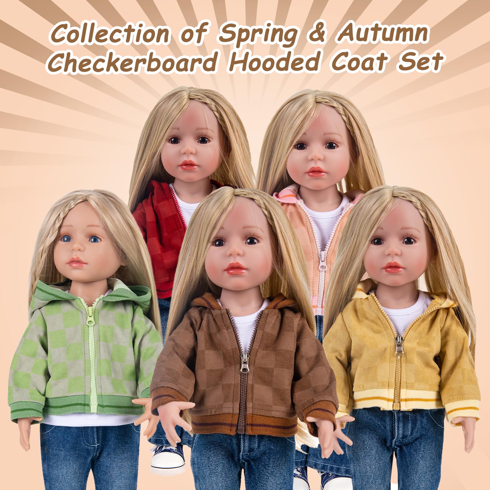 Rakki Dolli 3-teiliges Set Puppenkleidungs-Set, brauner Mantel & blaue Jeans & weißes T-Shirt für Babypuppen (ohne Puppe und Schuhe)