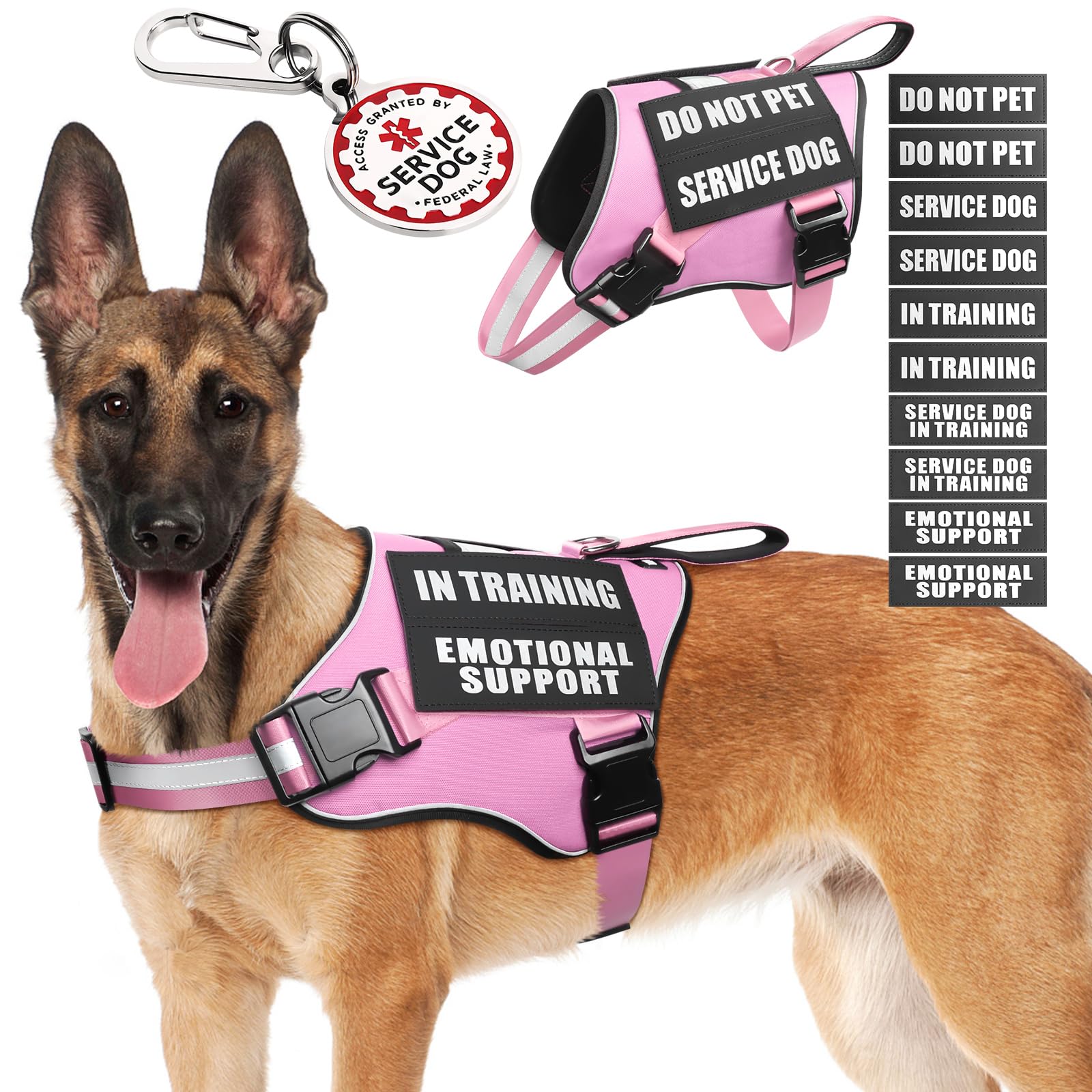 MOOGROU Service Dog Vest Harness+ID Tag+10 Patches,Durable Metal Serivce Dog Tag&Reflective Emotional Support Dog Vest with Handle for Large Dogs,Easy Put On/Off for Training/Walking/Everyday Pink L
