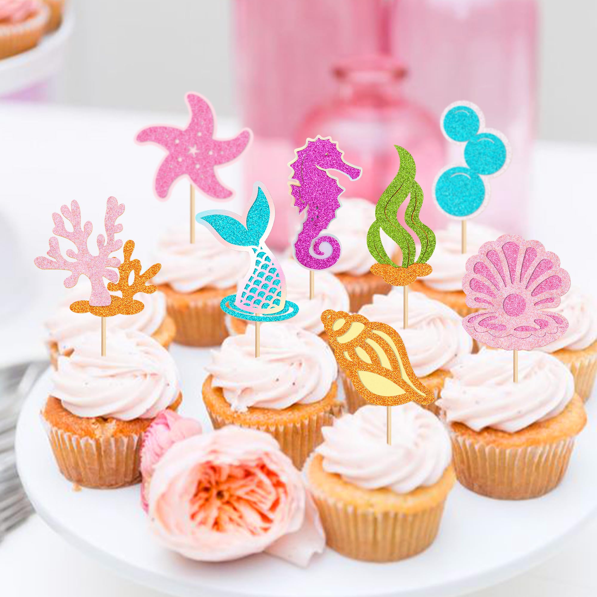 UXYOKM 24 Piezas De Decoración Para Cupcakes De Sirena Con Concha De Caballito De Mar, Estrella De Mar, Coral, Cola De Sirena, Púas Para Baby Shower