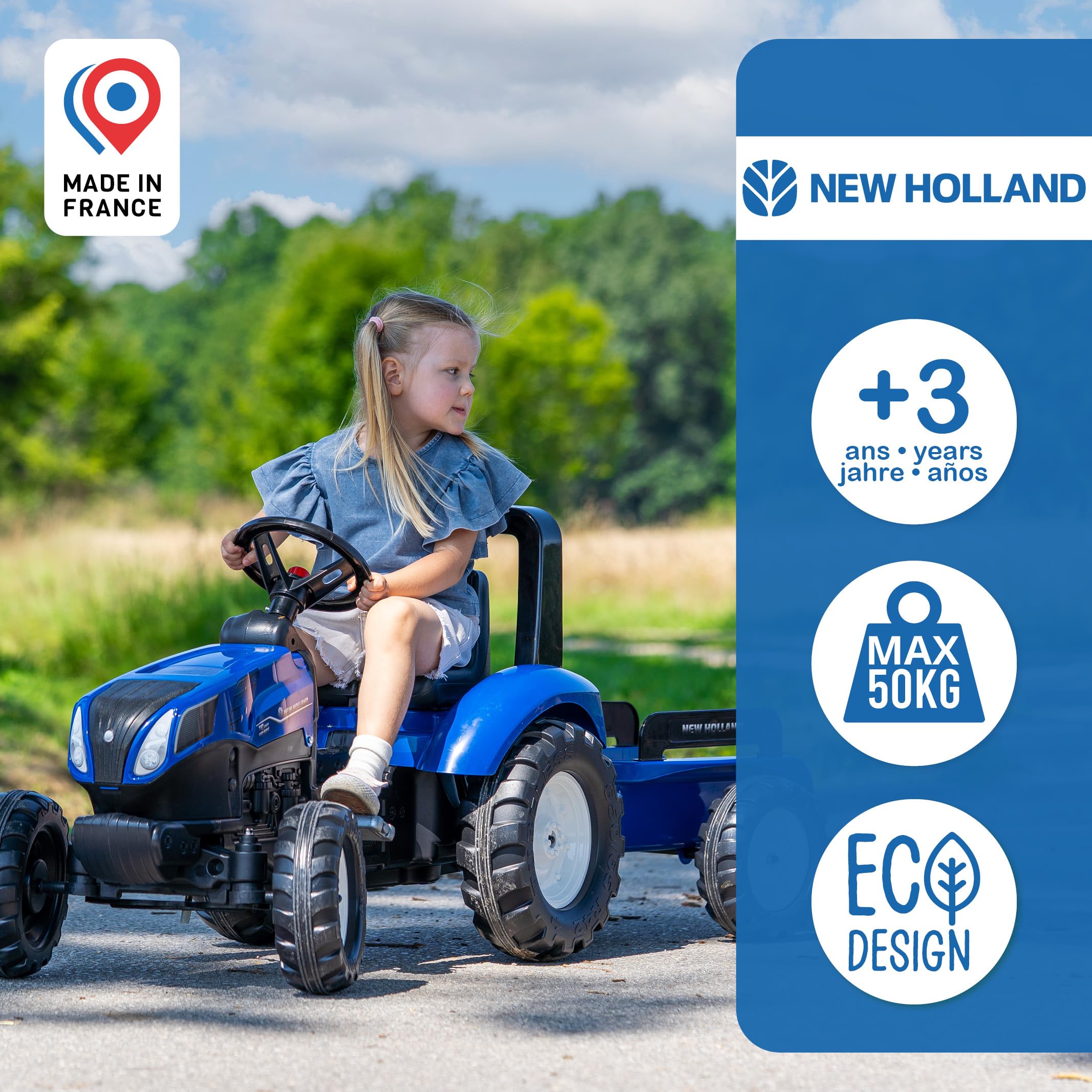Falk New Holland Traktor pedałowy z przyczepą od 3 lat - Wyprodukowano we Francji kierownica kierunkowa z klaksonem regulowanym-3090B, 3090B
