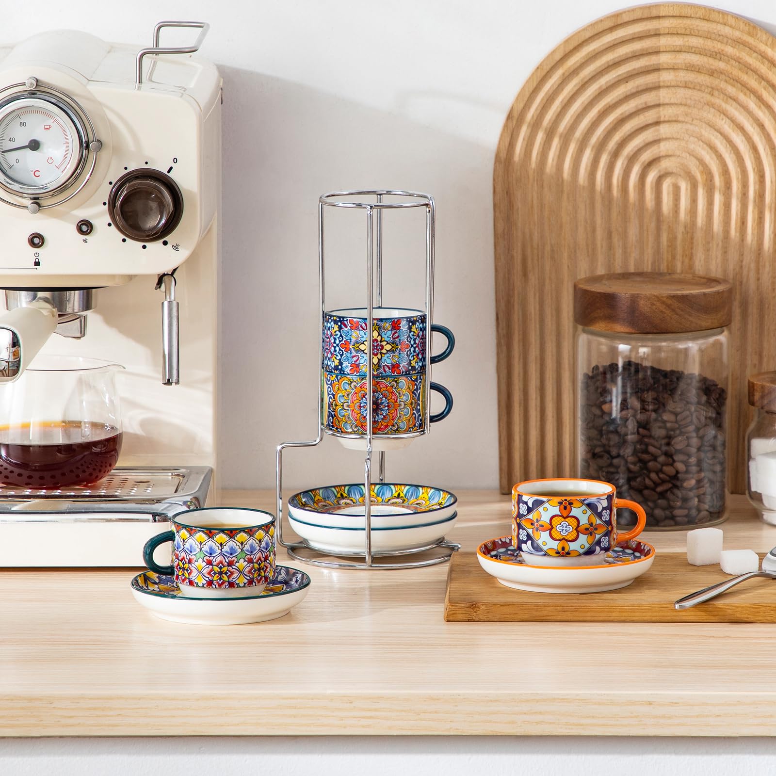 vancasso SIMI Espressotassen 4er Set, 90 ml Espresso Kaffeetassen mit Untertassen & Ständer, Stapelbar Dickwandig Kaffeebecher aus Porzellan für Kaffeegetränke, Cappuccino, Latte, Tee – Elegantes