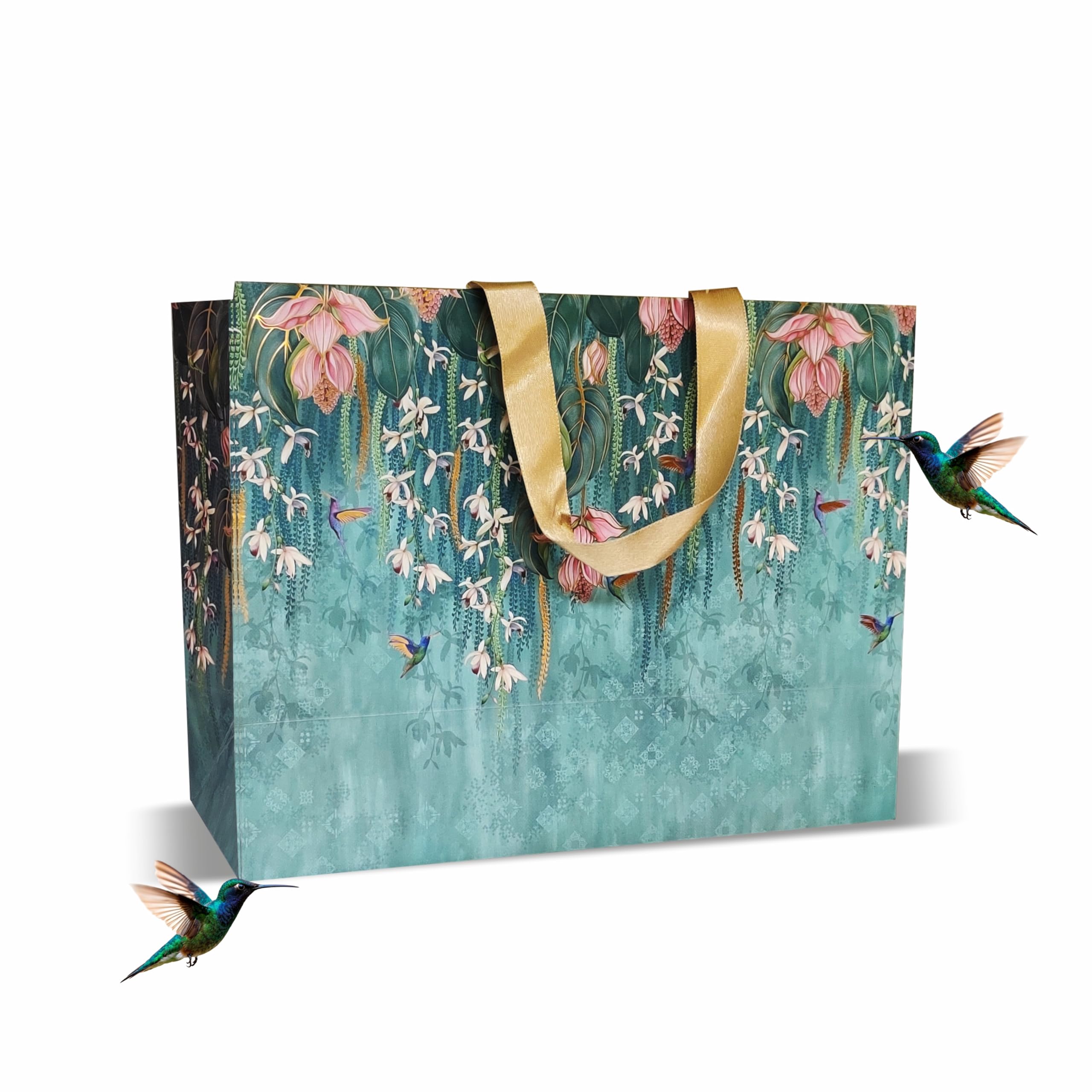 VESTTA -ELEGANCE REDEFINED Paper Gift Bags, Large, 13 (L) X 5.5 (B) X 10 (H) Inches, Vintage Print, Matt Finish, Gold Stamping, Pack Of 5, For All Celebrations, With Gift Tags-Premium Collection (5)