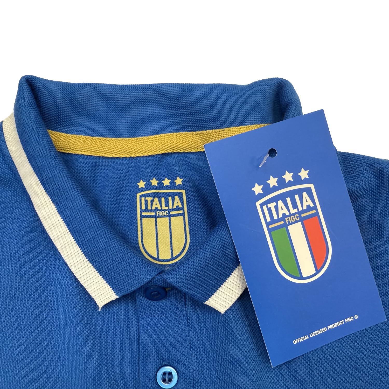 ITALIA FIGC Polo Homme Officiel - Maillot Bleu Coton avec Logo Tricolore - Manches Courtes