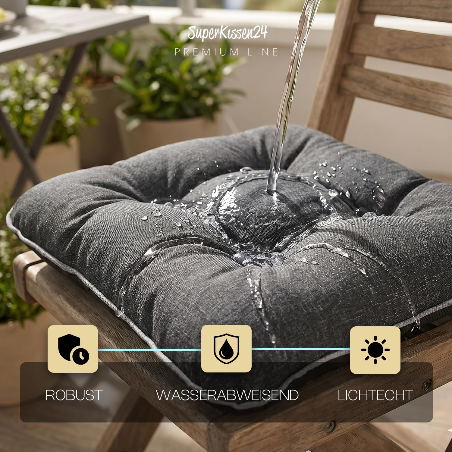 Outdoor Leinen-Optik Sitzkissen Stuhlkissen - 8er Set - 45 x 45 cm - Made in EU, Wasserdichtes & UV-beständig Gartenkissen - Stuhlauflage Stuhlpolster für Balkonstühle – Dunkel Grau