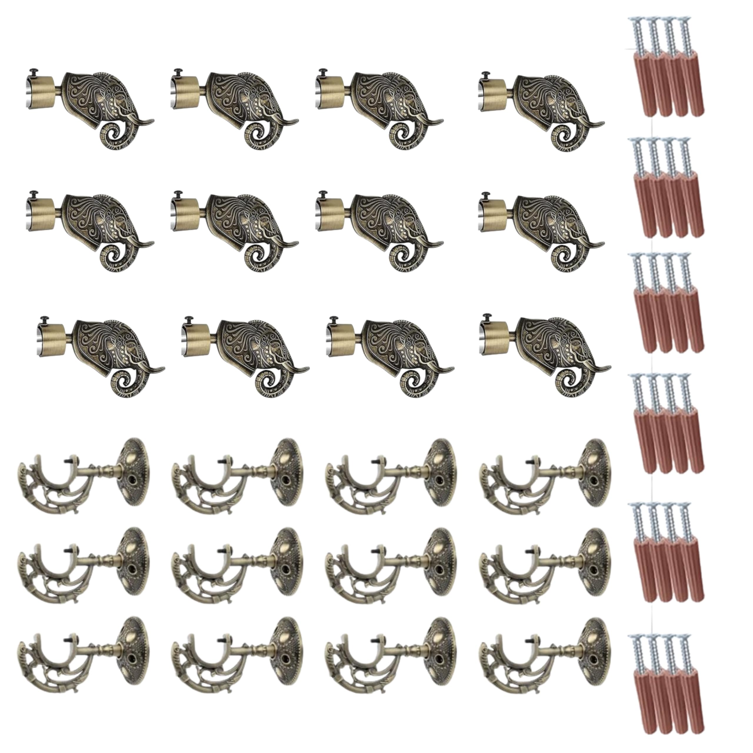 GLOXY Antique Rajwada Elephant-Shaped Curtain Brackets with Finials – Aluminium Parda Holders with Fittings & 1-Inch Rod Pocket Finials for Windows and Doors - Combo Pack of 6 Pairs