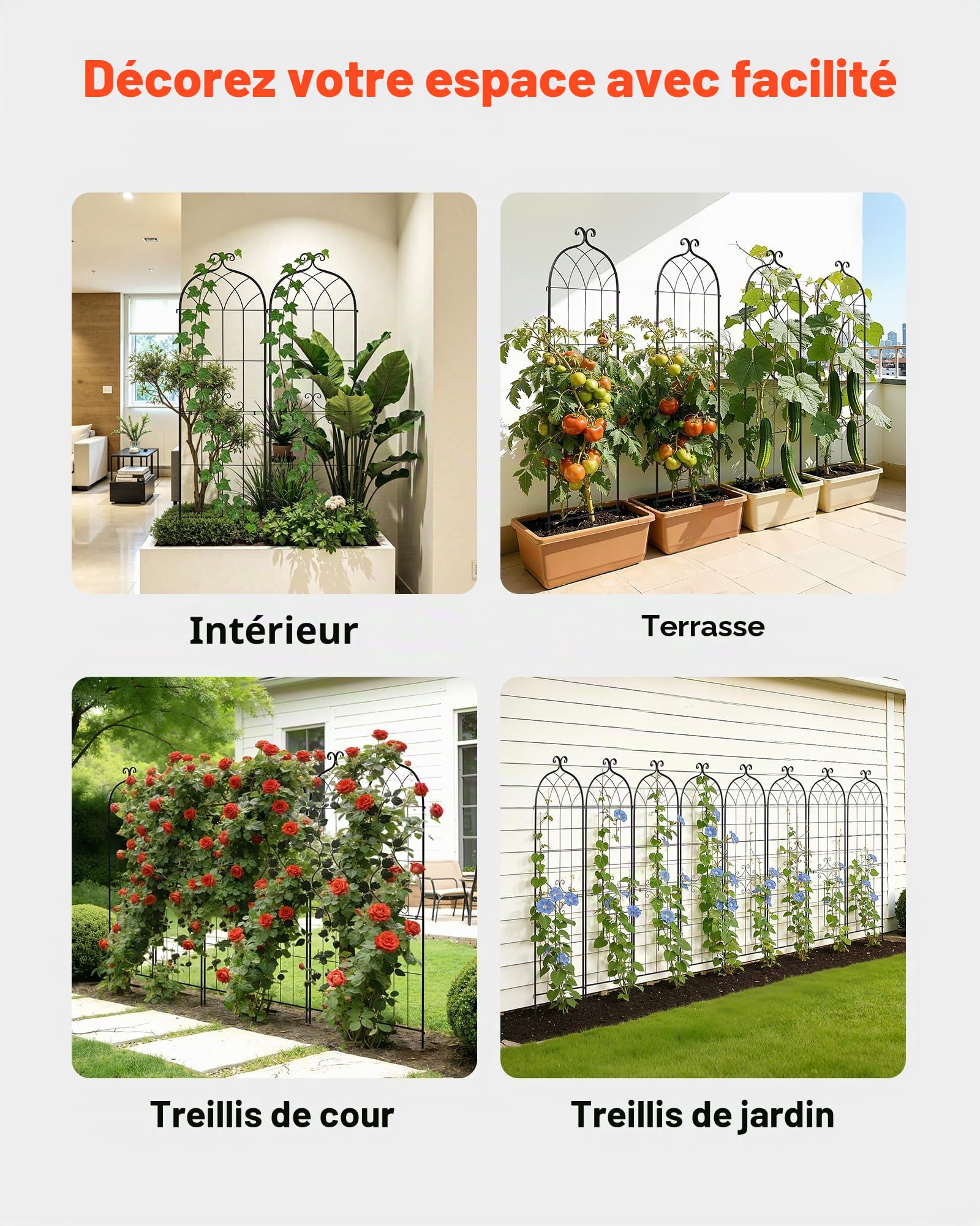 VEVOR Treillis de Jardin Métal 52,5x180 cm Support de Plante Grimpante Lot de 4 Treillis pour Rosiers, Tomates, Concombres, Fleurs Légumes Grimpants, avec Revêtement en Poudre, Système de Verrouillage
