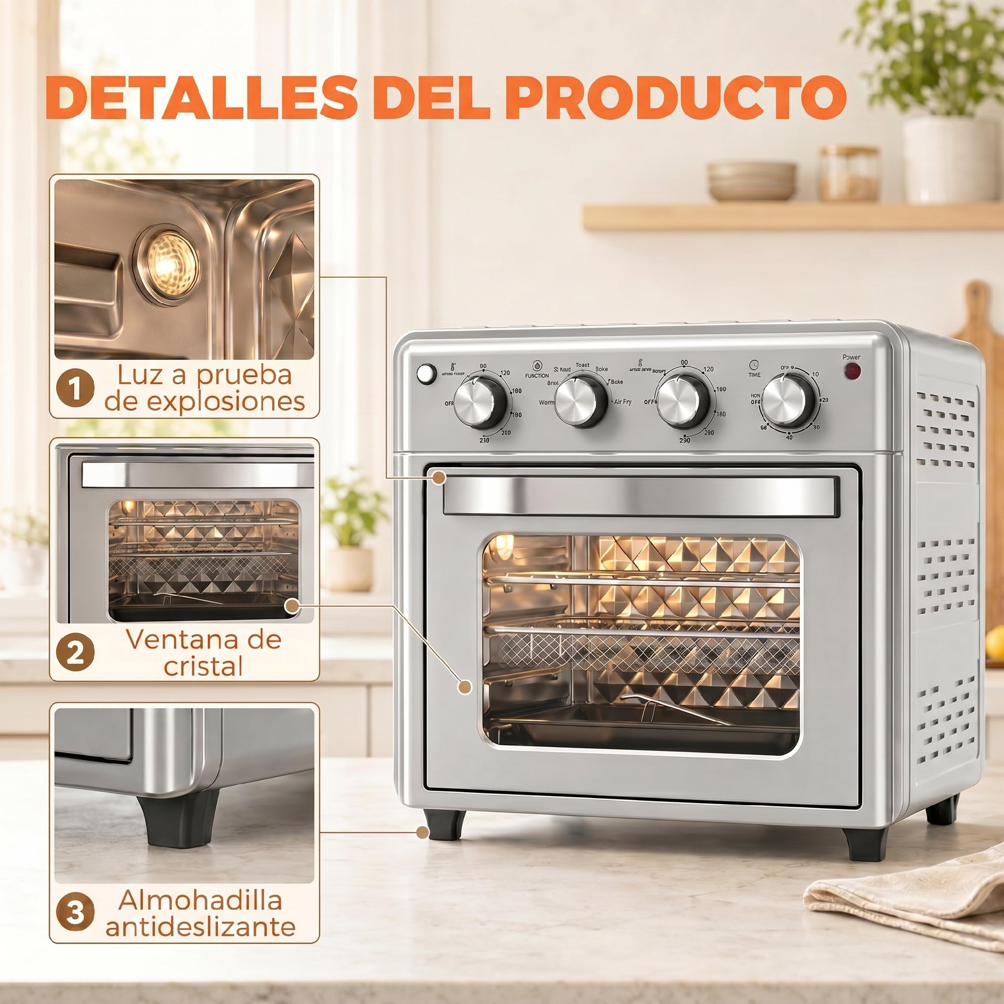 HOMCOM Horno Eléctrico Multifunción de Sobremesa 43x39x39 cm Plata | Mini Horno Tostador, 30L, 1600W, Freidora de Aire, 7 Modos de Calor, Temporizador y Temperatura Regulable