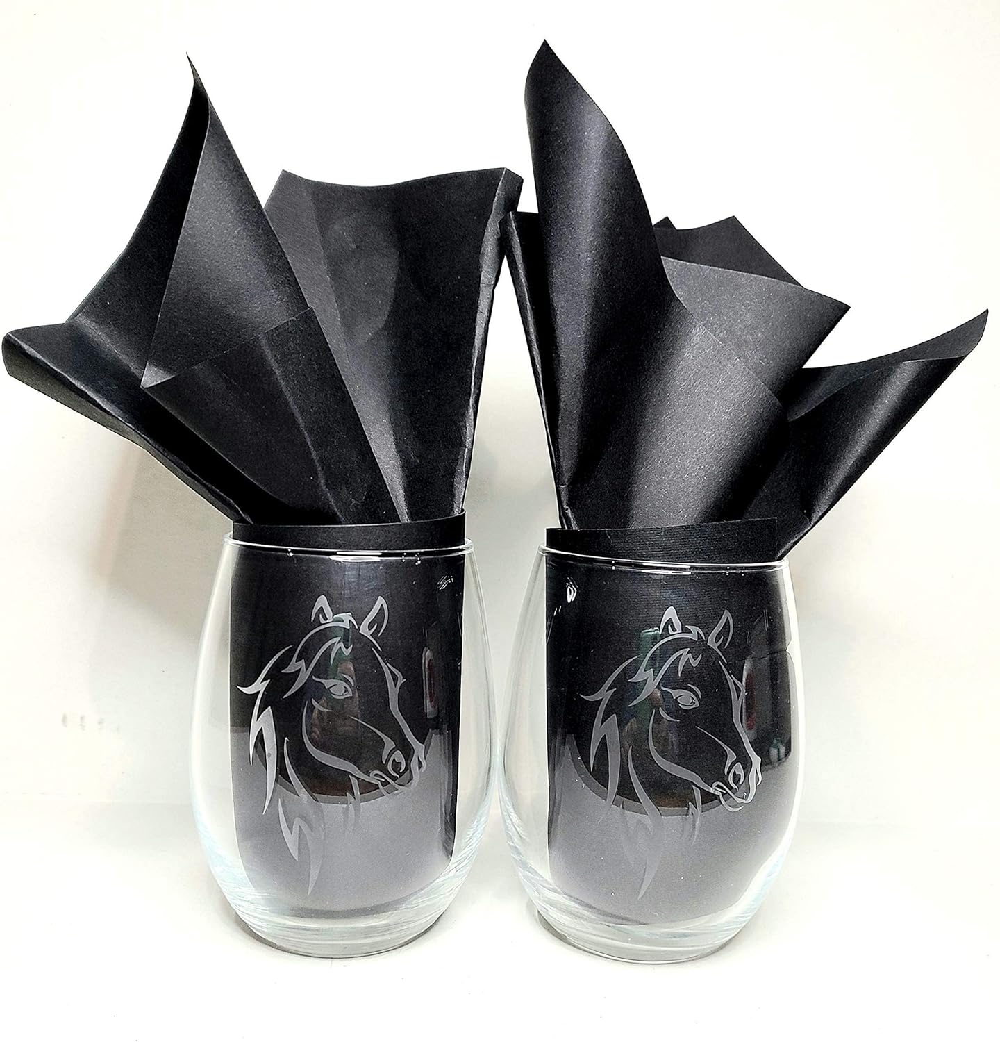 Etched Horse Stemless Wine Glass Set, Equine Gift