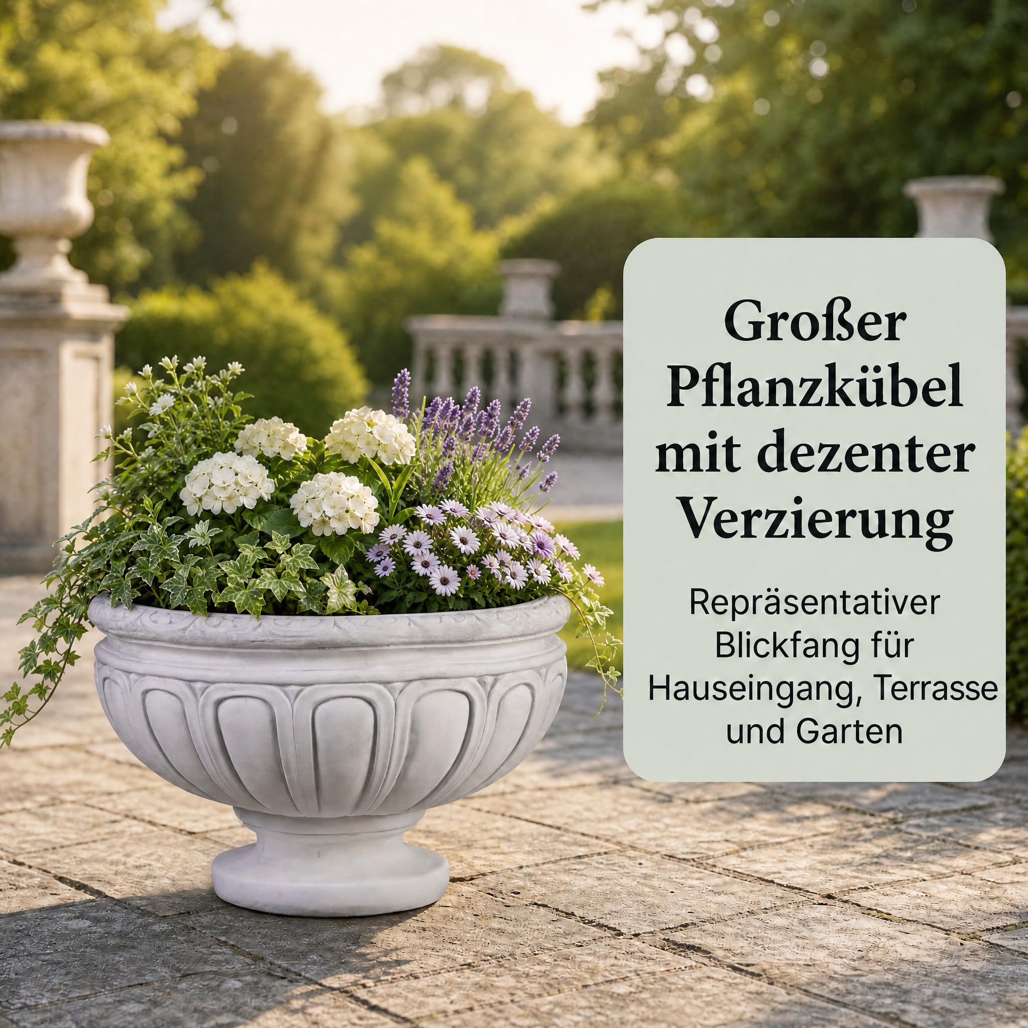 gartendekoparadies.de Massive Pflanzschale mit Reliefkante, 110 L, Breite 79 cm, Pflanzkübel aus Steinguss, frostsicher bis -30°C, Grau, Sehr standfest 115 kg, mit Ablaufloch