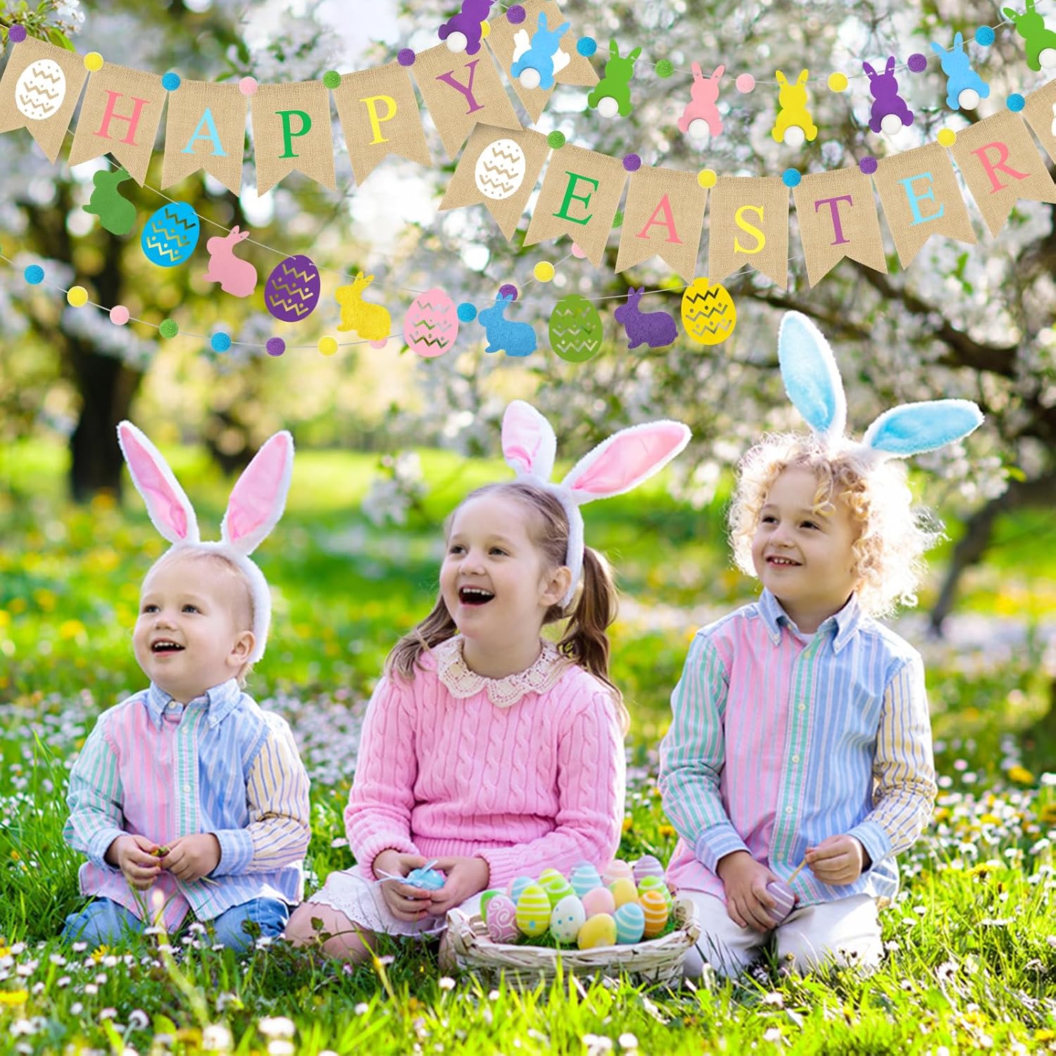 Ouddy Life 5Pcs Happy Easter Burlap Banner, Easters Felt Ball Bunny Garland with Pom Poms for Happy Easter Decorations Home Spring Farmhouse Mantle Office Party Kids Egg Hunts Indoor Outdoor Decor