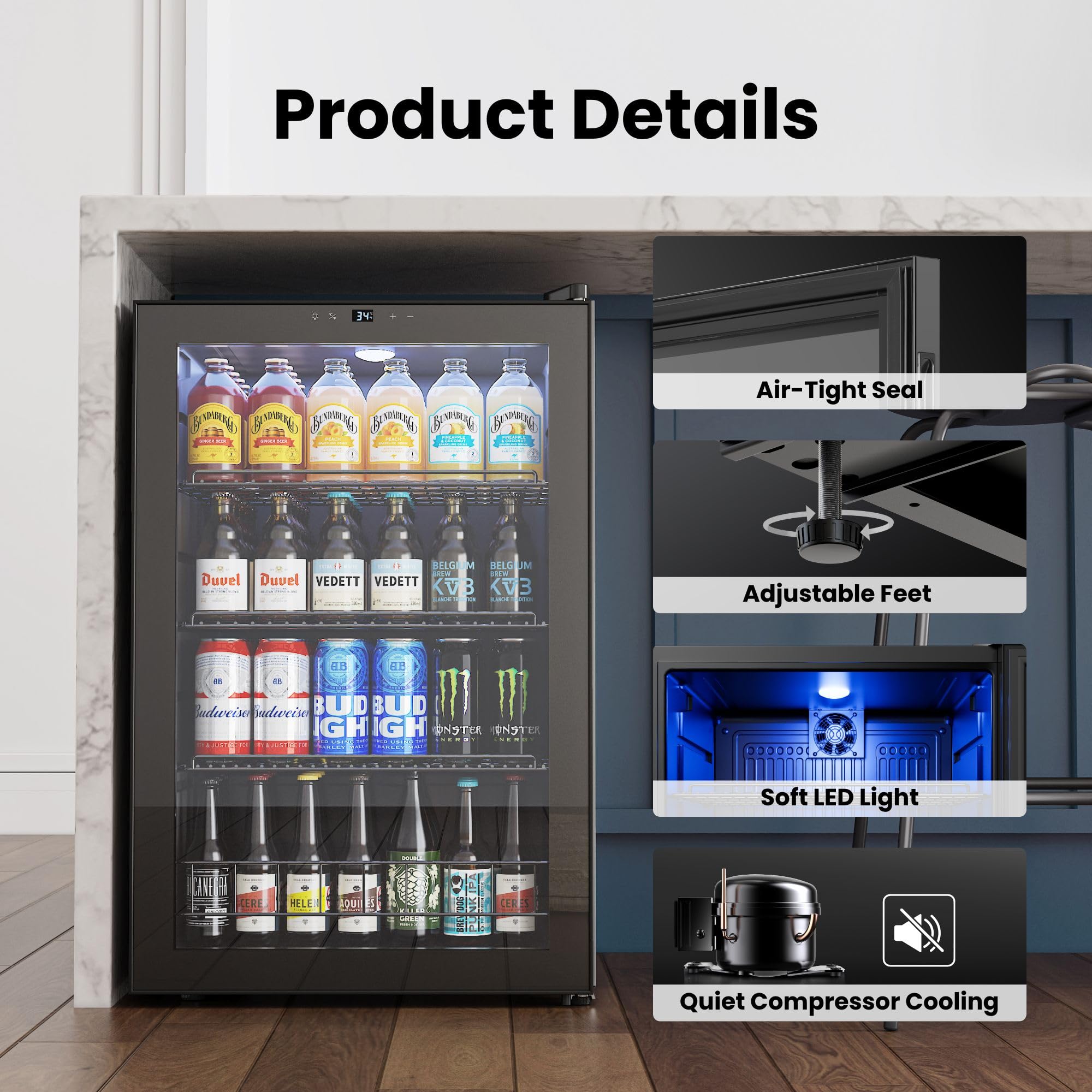 YEEGO Beverage Refrigerator, 155 Can Mini Fridge With Glass Door, Adjustable Shelves, Digital Temperature Control 34°F-54°F, Drink Cooler For Soda, Beer And Wine, Freestanding Or Under Counter, Black on Fridge.com - View 6