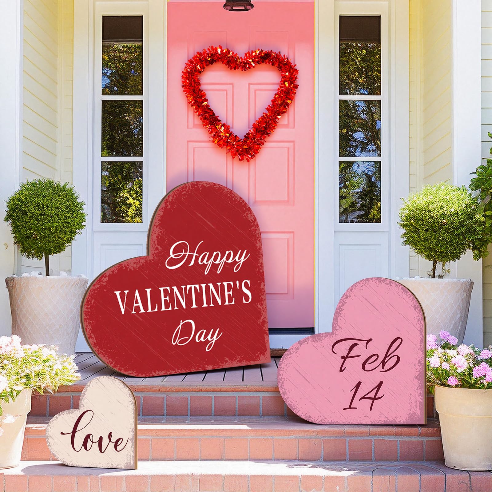 3 piece valentines decorations outdoor large heart wooden porch signs valentines wood love ornaments sign for front door home farmhouse garden patio wedding(classic style)