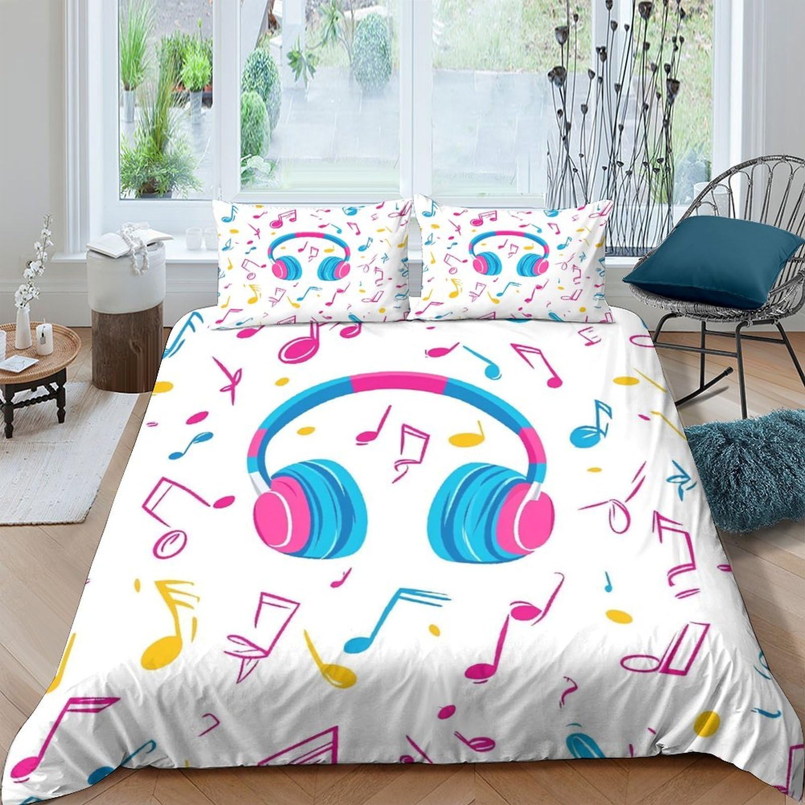 Ctjqhvkz Style-7 3D Printed Headphones Notes Fitted Sheet Microfiber Soft Anti-Slip Music Symbols Mattress Cover For Bedroom Decor Single（135X200cm）