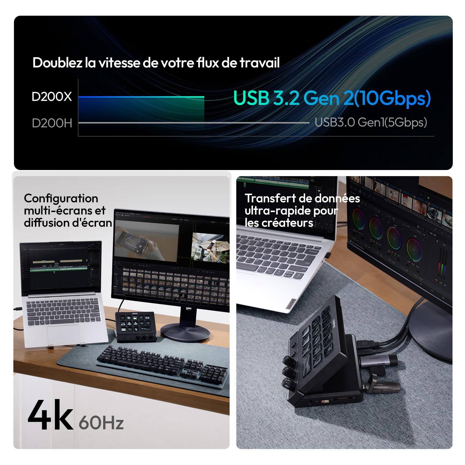 ULANZI D200X Stream Controller avec 14 Touches LCD Personnalisables, Clavier Macro Programmable à 3 Boutons Rotatifs, Deck Contrôleur avec 8-en-1 USB-C Hub 4K HDMI, YouTube, Twitch, Mac/PC
