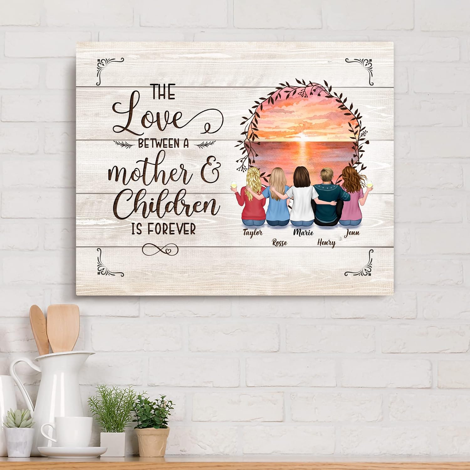 Gossby Personalized Mom Wrapped Canvas - Love Between Mother Children is Forever - Custom Birthday Mothers Day Gift for Mom from Childrens with Avatars Names - Mother Daughter Son Art - 4 Children