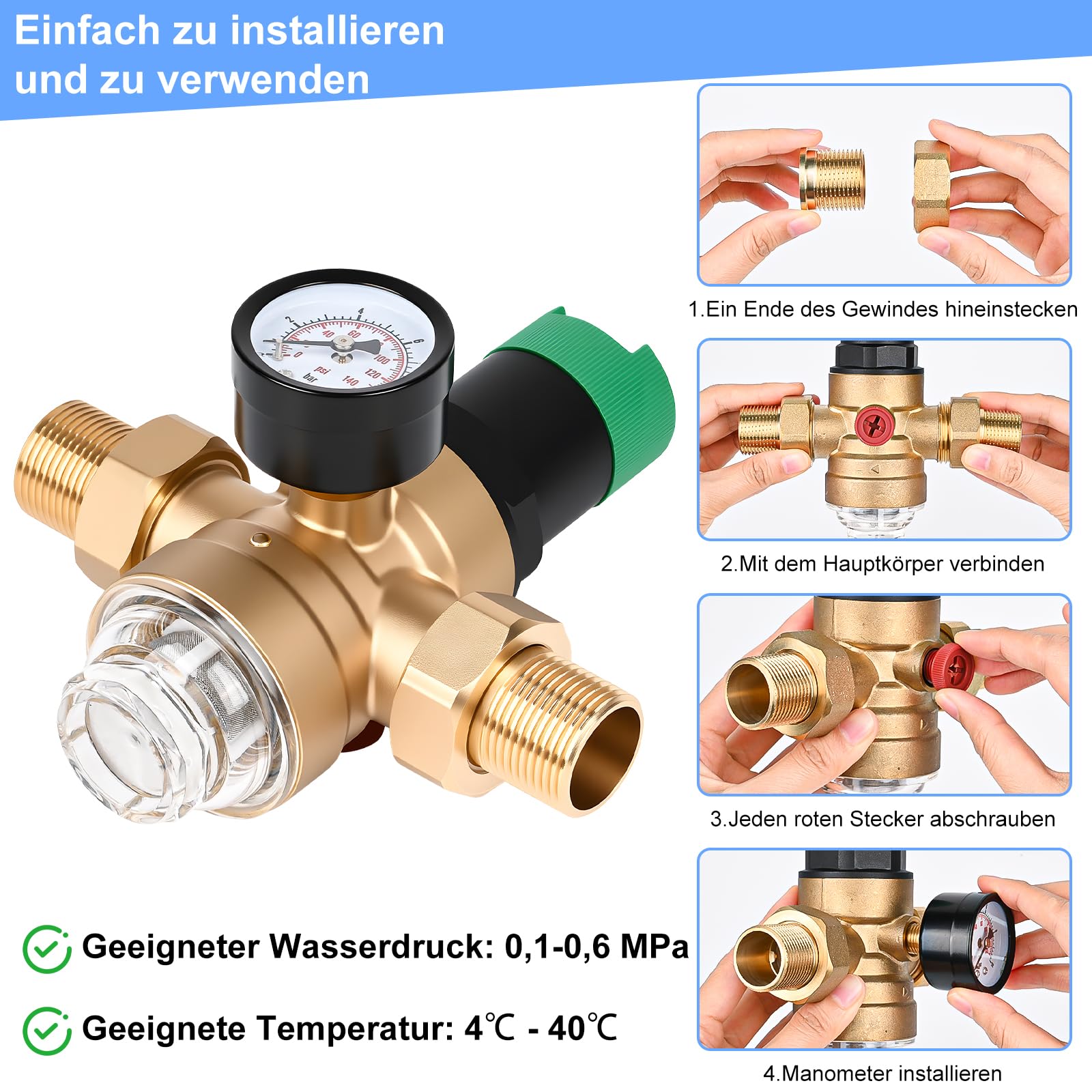 Diealles Shine Druckminderer Wasser 3/4 zoll, Druckregler Wasser mit Manometer und Siebfilter, Druckminderventil Druckregler Messing für Häuser Gebäude Fabriken