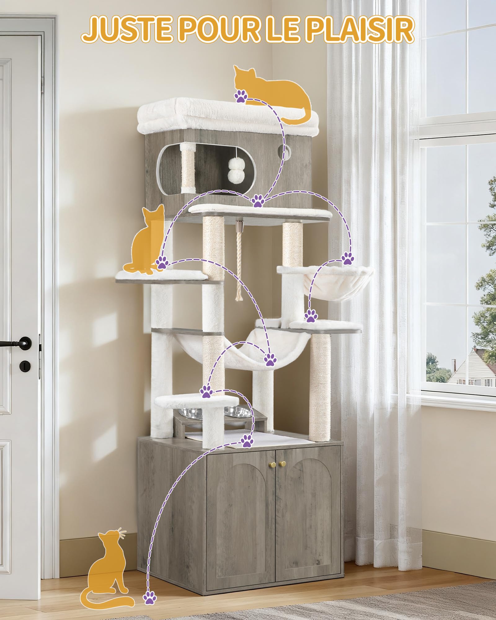 Hzuaneri Arbre à Chat avec Meuble Litiere Chat, Hauteur 176 cm, Grège | Mangeoire, avec Grande Plateforme, Corde en Sisal, Hamac, Coussin Lavable, Balles en Peluche, CB89105WT
