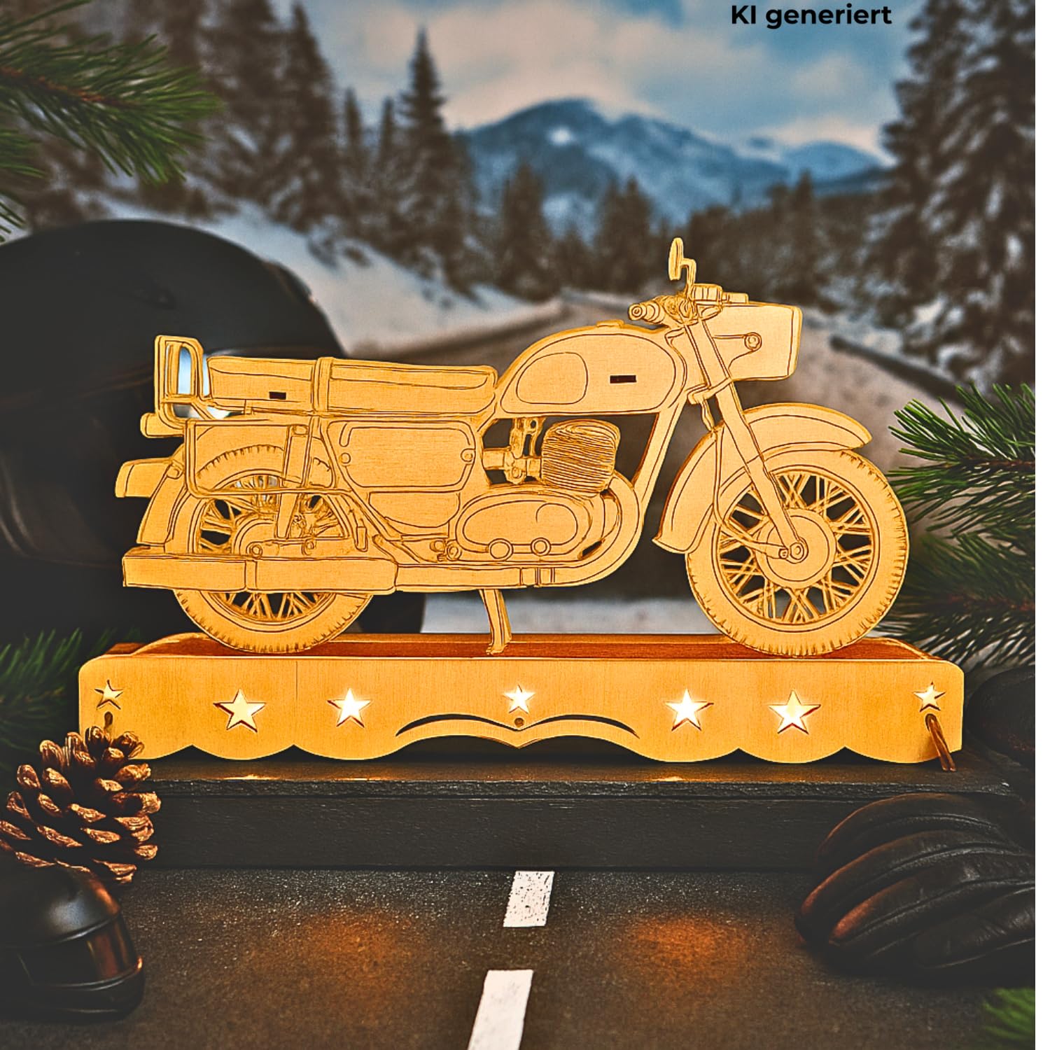 Ostalgie Moped Schwippbogen, DDR - Motorrad Schwibbogen, Lichterbogen Ostalgie, Schwibbogen DDR-Fahrzeug, aus Holz mit LED-Beleuchtung – Batteriebetrieben (2x AA), Made in EU, L/B/H 35 x 4 x 21 cm.